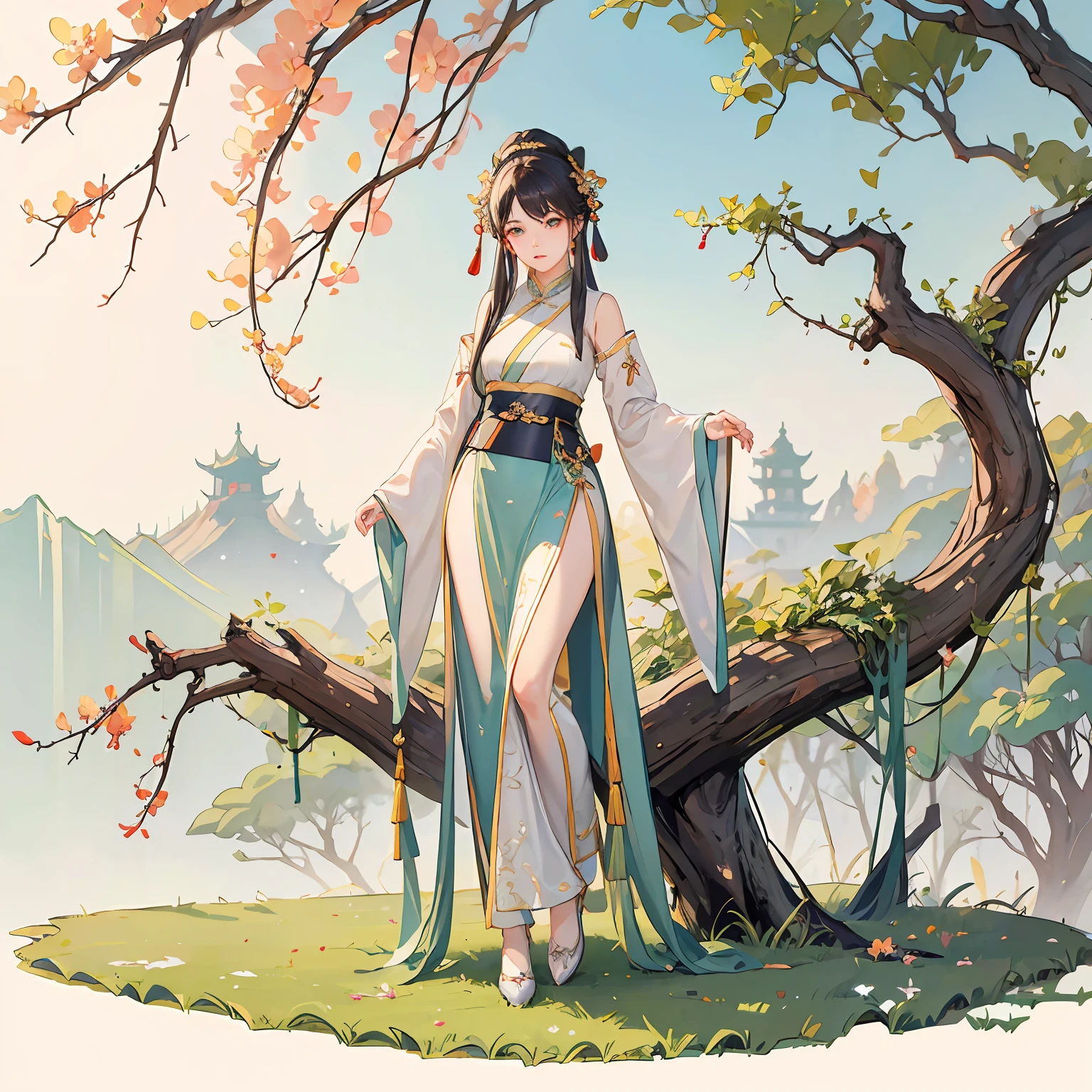 Green skirt woman standing on the grass, Hanfu, court, Hanfu girl, white Hanfu, Chinese clothing, Chinese traditional clothing, wearing ancient Chinese clothing, wearing ancient Chinese clothing, fantasy style clothing, 8k)), Zhongyuan Festival, full body fairy, Chinese dress --auto