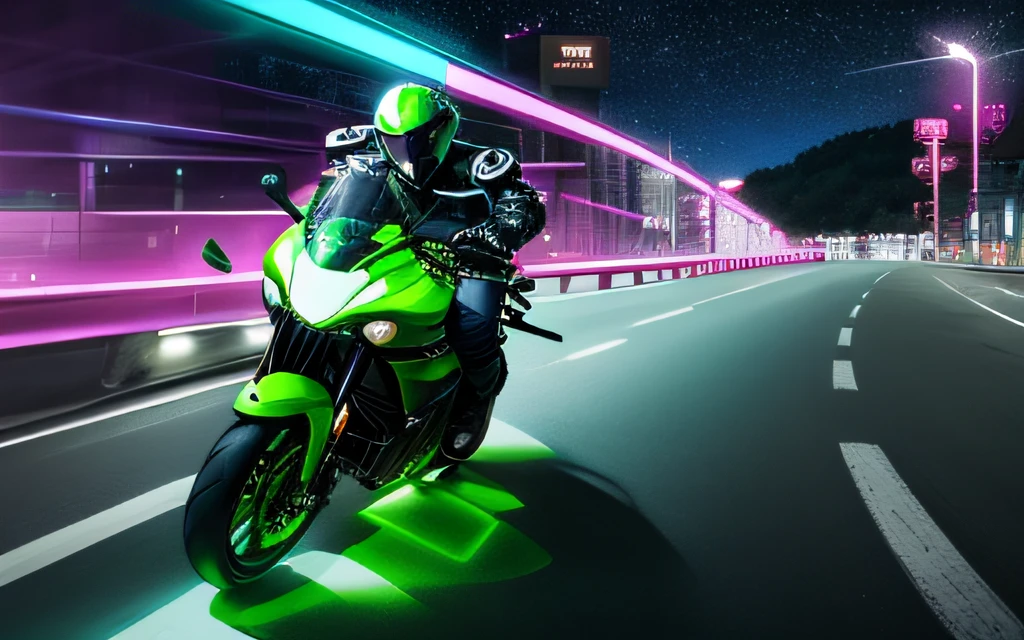 best quality, masterpiece, high quality,realistic,finely detailed,ultra high res,1 boy with a helmet riding a motorcycle,Mechanical body,Mechanical clothers,mecha, Glowing helmet, sitting on a motorcycle,(Neon clothes:1),background,hlurry,starry sky,colourful background,bokeh,(neon light:1),portrait,sidelocks,Cyberpunk clothes,Glowing clothes, Alatei riding a green motorcycle on a road with trees as a background, photo - shooting, kawasaki, touring, but very good-looking", motorcycle speeding, alternating angles, motorcycle, riding, avatar image, riding a motorcycle, riding a motorcycle on the road, riding a motorcycle on the street, vibrant green, green, #green, green, vibrant and energetic