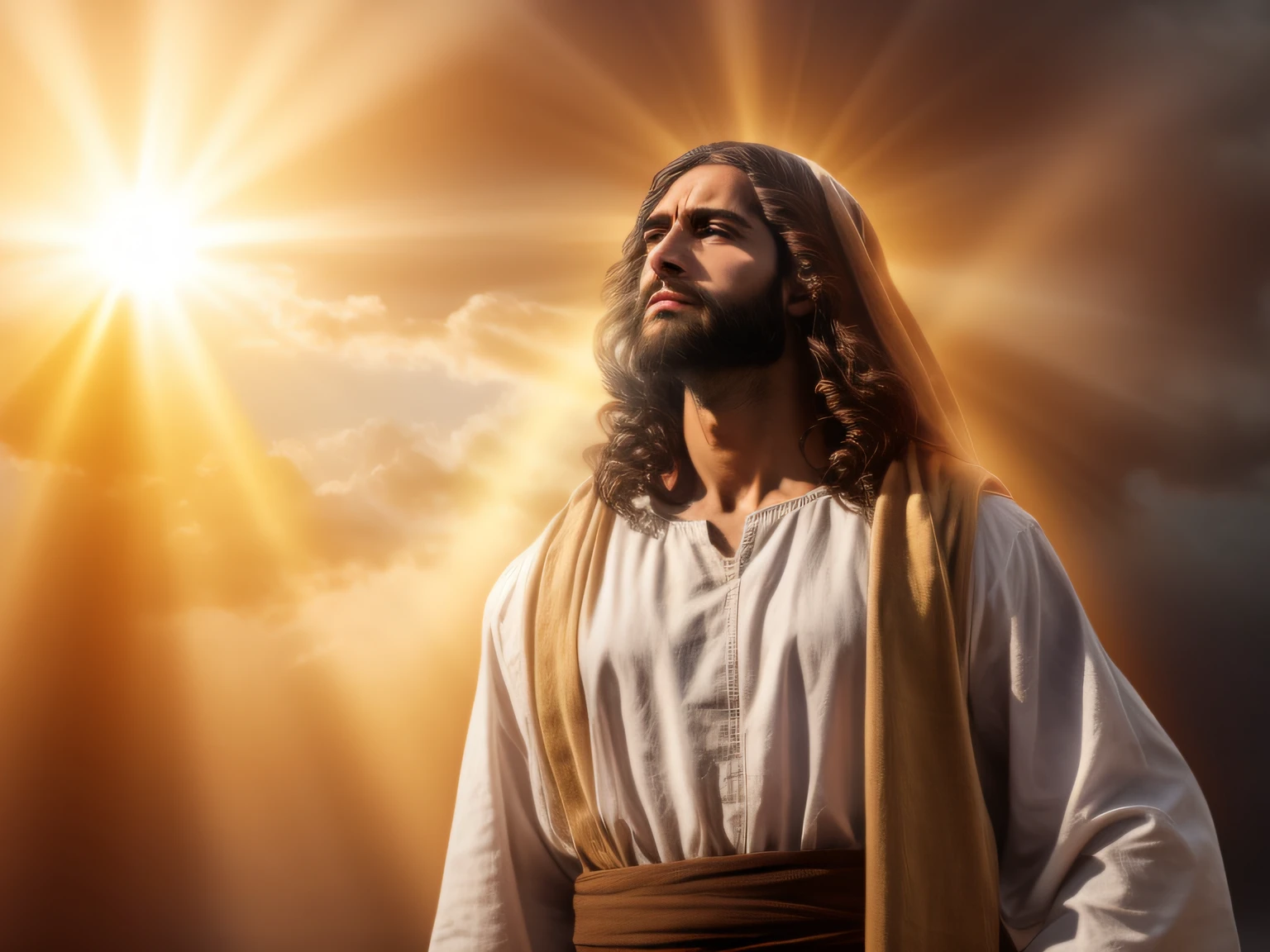 arafed image of jesus standing in front of a cloudy sky, jesus christ, portrait of jesus christ, dressed like jesus christ, the lord and savior, young almighty god, jesus of nazareth, jesus, jesus face, heavenly light, god looking at me, shutterstock, god sun rays, glorious light, sun behind him, beautiful man