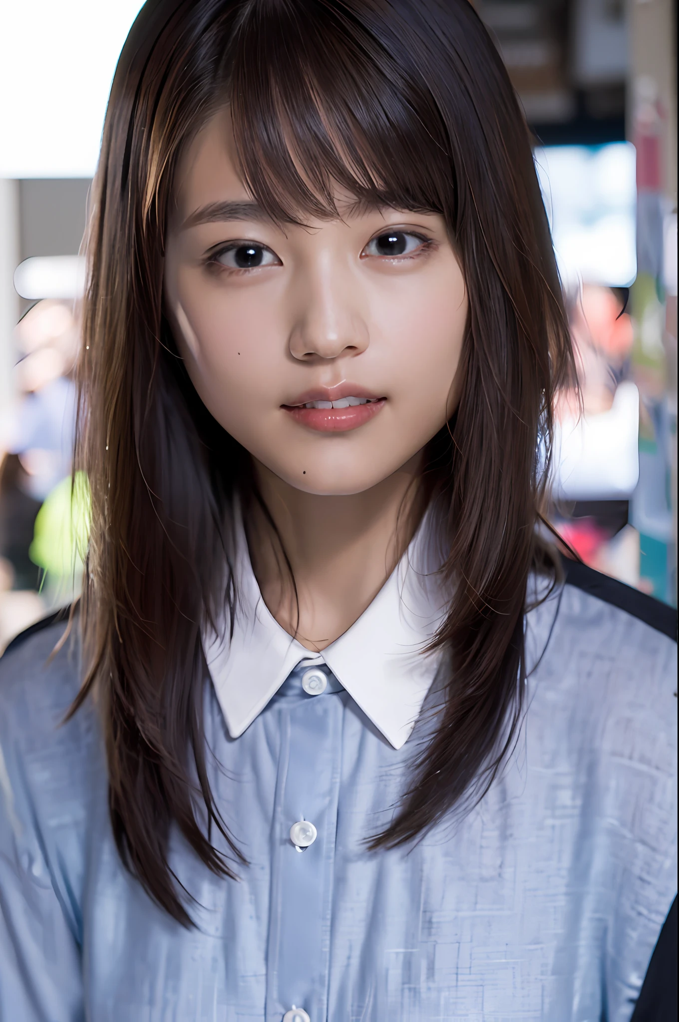 (8k, RAW photo, top quality, masterpiece: 1.2), (realistic, photorealistic: 1.37), ultra detail, ultra high resolution, one girl, beholder, beautiful detailed face, smile, constriction, (slim waist): 1.3), shirt, beautiful detailed skin, skin texture, floating hair, professional lighting, uniform