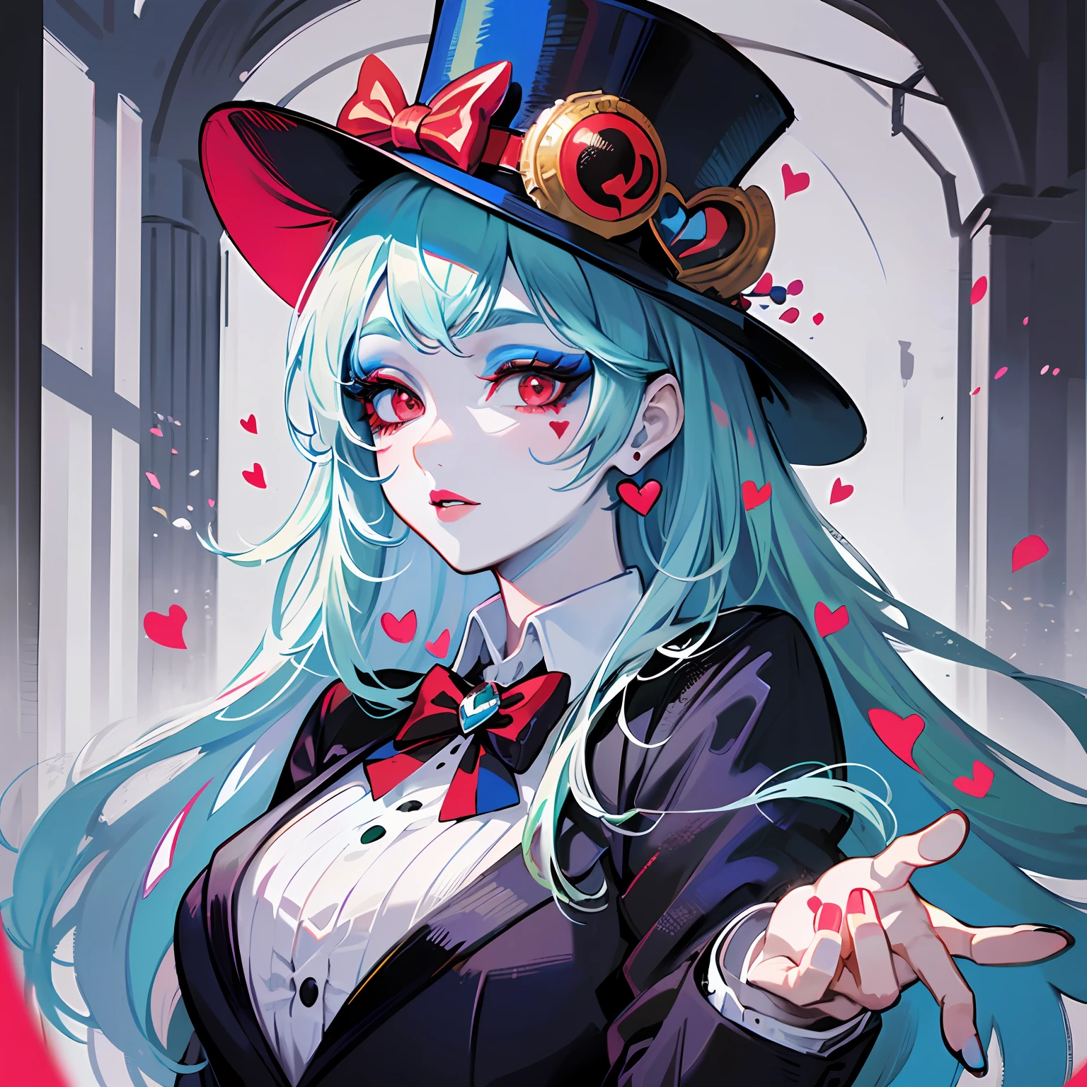 ((Masterpiece)), ((Best Quality)), ((Best Quality)), (Illustration of One Girl), Emerald Green Long Hair, (((Tall)), (White Skin), Red Eyes, Blue Eyeliner, ((Makeup with a heart symbol around the left eye)), ((Tuxedo)), (Top Hat)), Clown, (Circus)