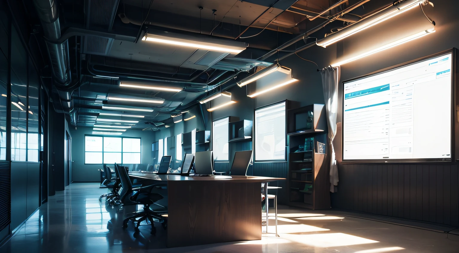 Future Tech Office, There are a lot of electronic screens, Cool lighting effects, White metal plate walls, A futuristic sense of technology, chiaroscuro, cinematic lighting, modern, Ultra-Wide Angle --auto