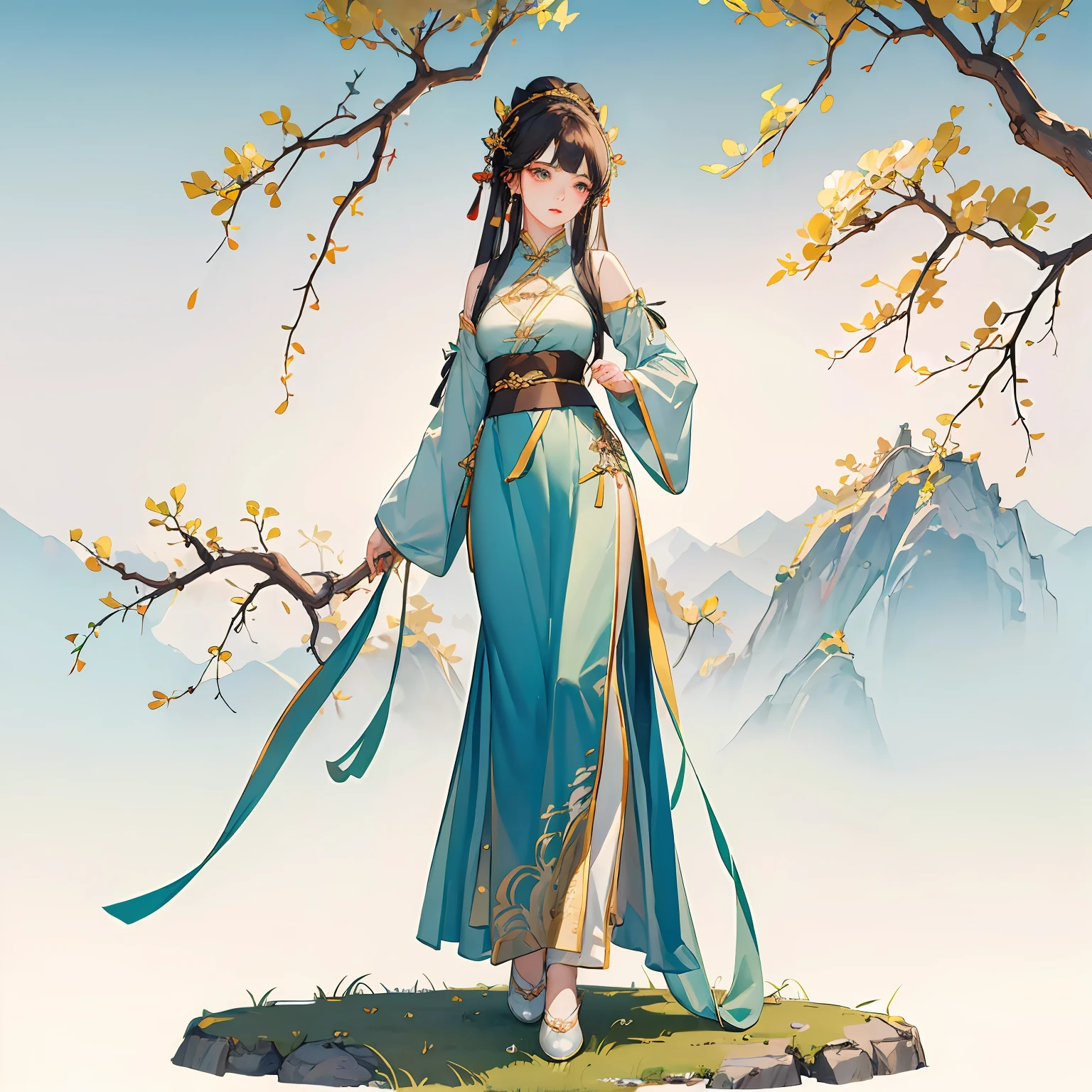 Green skirt woman standing on the grass, Hanfu, court, Hanfu girl, white Hanfu, Chinese clothing, Chinese traditional clothing, wearing ancient Chinese clothing, wearing ancient Chinese clothing, fantasy style clothing, 8k)), Zhongyuan Festival, full body fairy, Chinese dress --auto