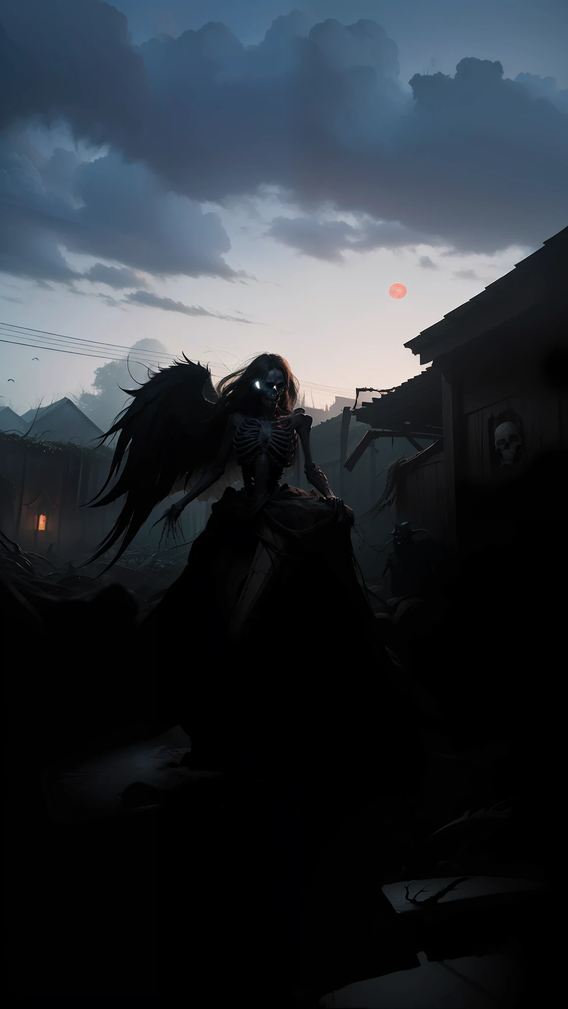 Fine matte painting, skeleton dark angel big wings haunted castle on drawing table full of knives, horror, spookiness, scary, secret horror, tentacles, vines, eyes, uncanny valley effect teeth, limbs, animals, blood moon