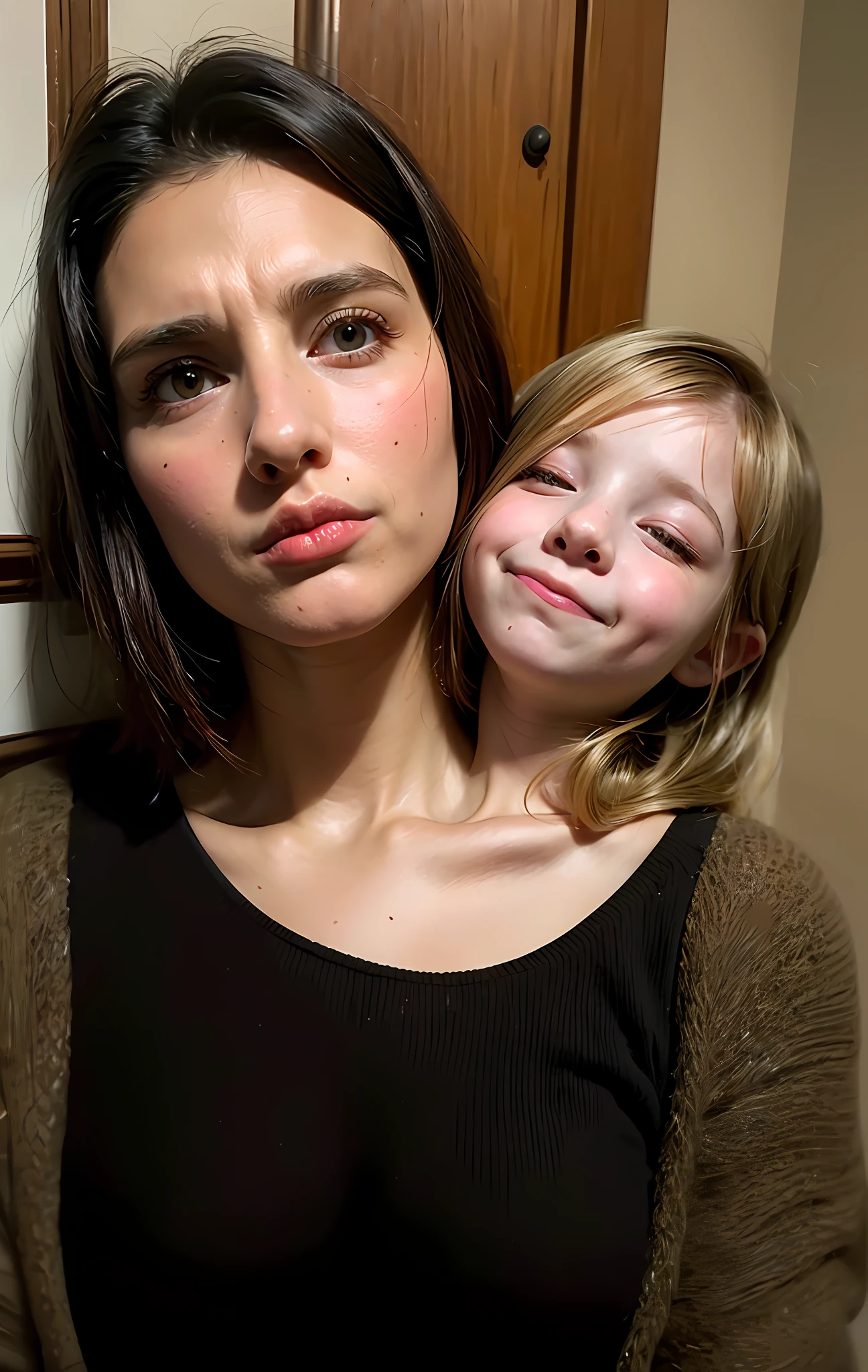 2heads, mom and daughter, (1head:1.5 child), (1head:1.5 young adult) (one torso:1.5), Irish, white girls, age difference, (two heads on one body:1.4), (first head uncomfortable:1.5), (second head unhappy:1.5) conjoined twins, heads side by side, one torso, young, realistic faces, lifelike faces, uncomfortable, barefoot
