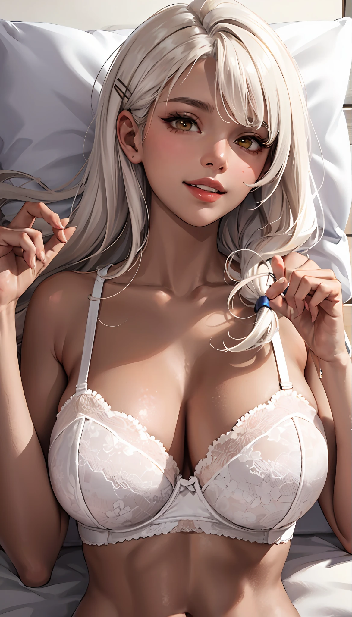 Brown skin, long white hair (masterpiece, : 1.2, best quality), (1 woman, solo, upper body: 1.2) brown skin Clothing: brown skin, bra, underwear Accessories: Hairpins Hair: Long white hair Makeup: natural, glowing skin, brown skin Behavior: relaxed, carefree, lying in bed, smiling Location: bed, long white hair, very huge breasts, brown-yellow eyes, brown skin