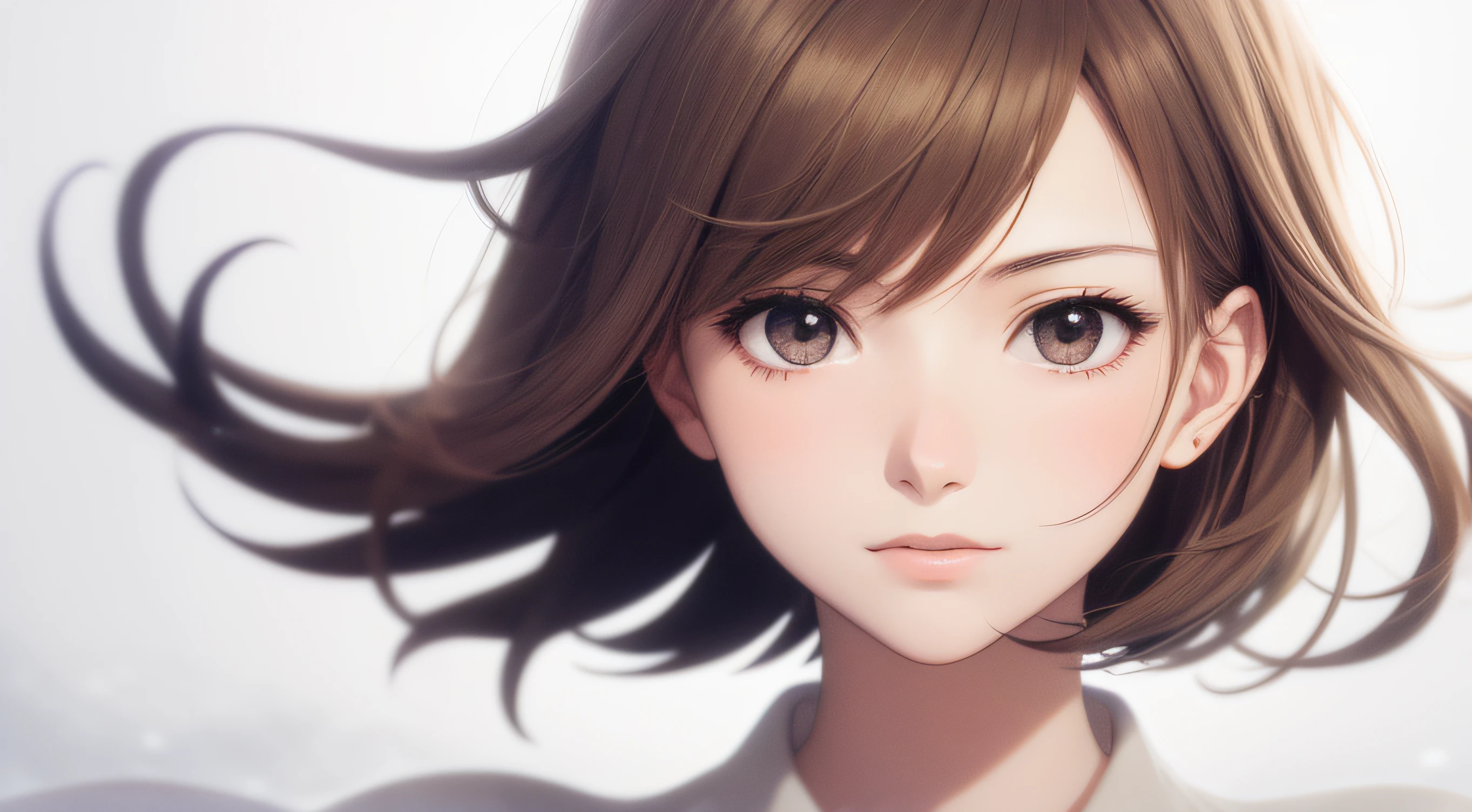 Very detailed and accurate anime style illustration, very beautiful young woman face, brown short hair, perfectly round gray eyes, windy, white shirt, background is pure white world, Makoto Shinkai anime style.