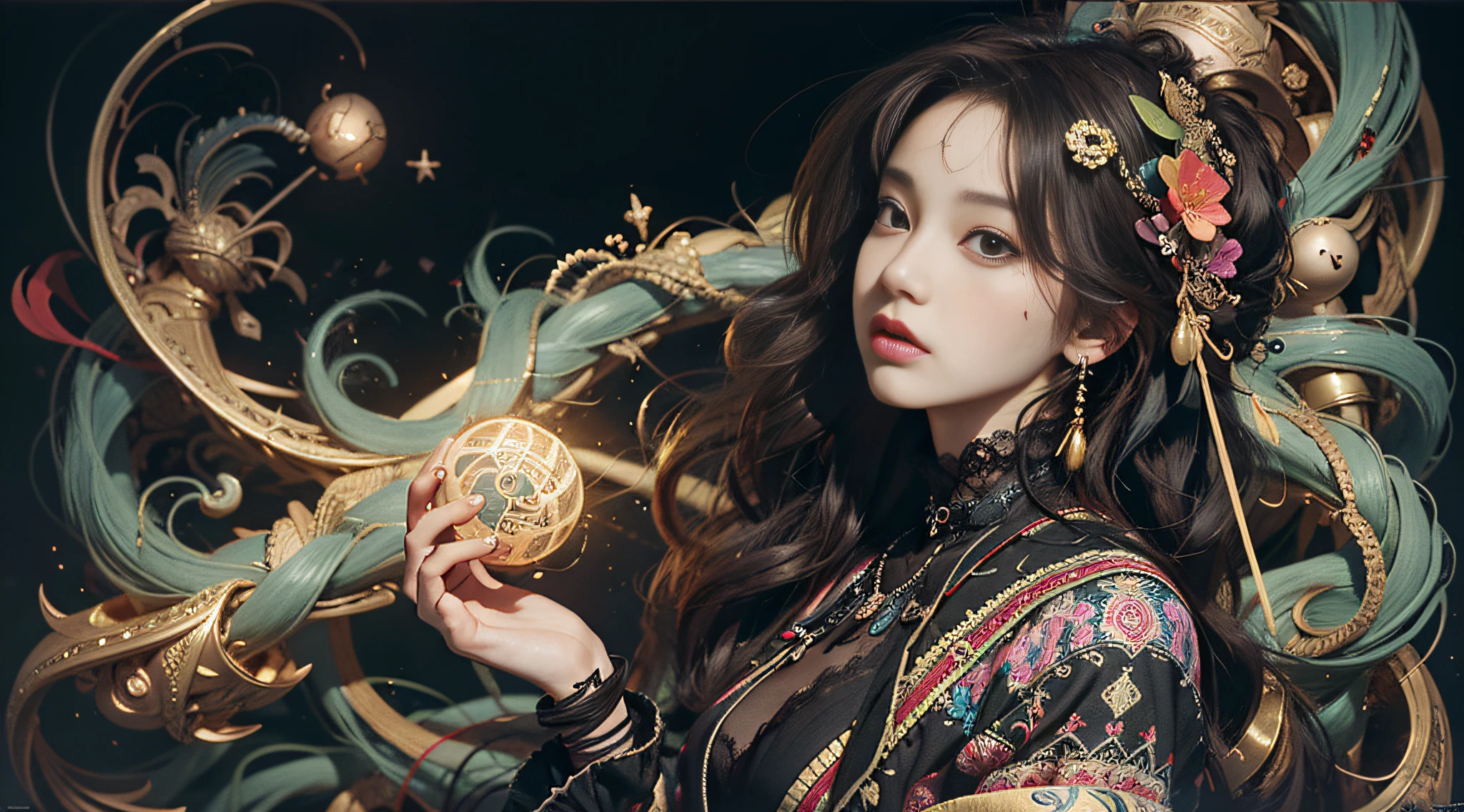 official art, unity 8k wallpaper, ultra detailed, beautiful and aesthetic, masterpiece, best quality, (zentangle, mandala, tangle, entangle), (fractal art:1.3) , 1girl, extremely detailed, dynamic angle, cowboyshot, the most beautiful form of chaos, elegant, a brutalist designed, vivid colours, romanticism, by james jean, roby dwi antono, ross tran, francis bacon, michal mraz, adrian ghenie, petra cortright, gerhard richter, takato yamamoto, ashley wood, atmospheric, ecstasy of musical notes, streaming musical notes visible