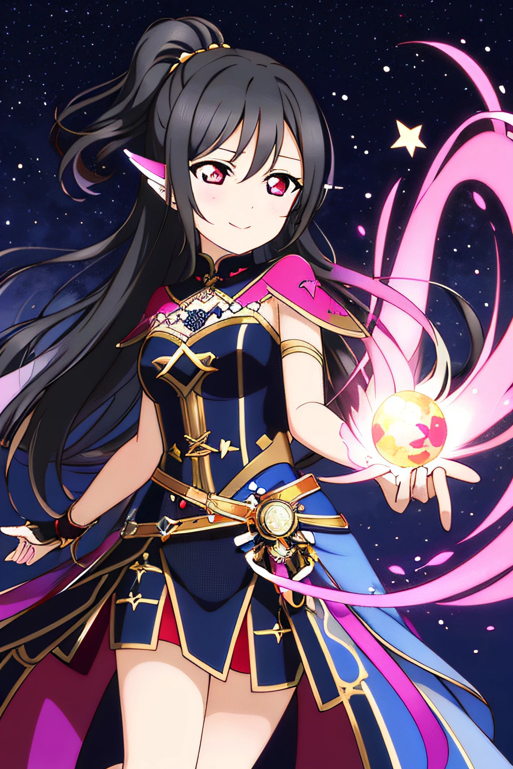 masterpiece, best quality, masterpiece, (1girl), (LLChar), evil witch, dark energy, void, empty eyes, (extremely evil), dark magic, dark forest, negaive energy, hell, void, stars, black hair,