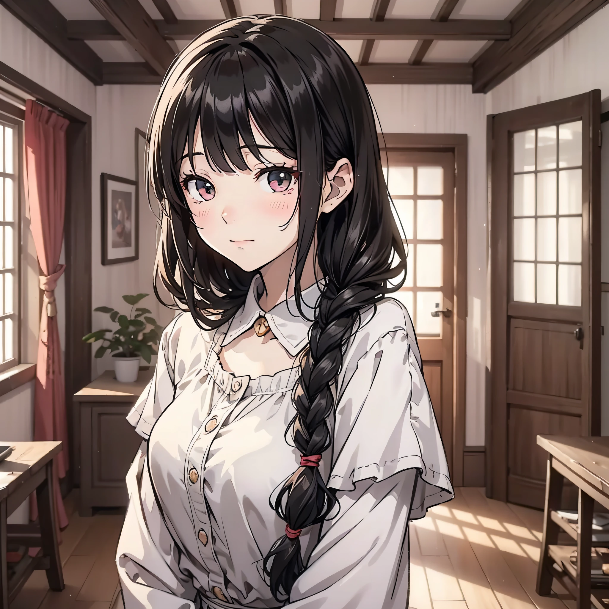 In a village room, a woman with long black hair and a braid white blouse stands in front of the camera shy blush 1.5 (shy expression 1.5) (head down 1.5) (blush 1.3) (background is in the village room 1.5) anime style 4 K, anime rendering, anime style. 8K, Full Body Display 1.5) (Cinematic lighting 1.5