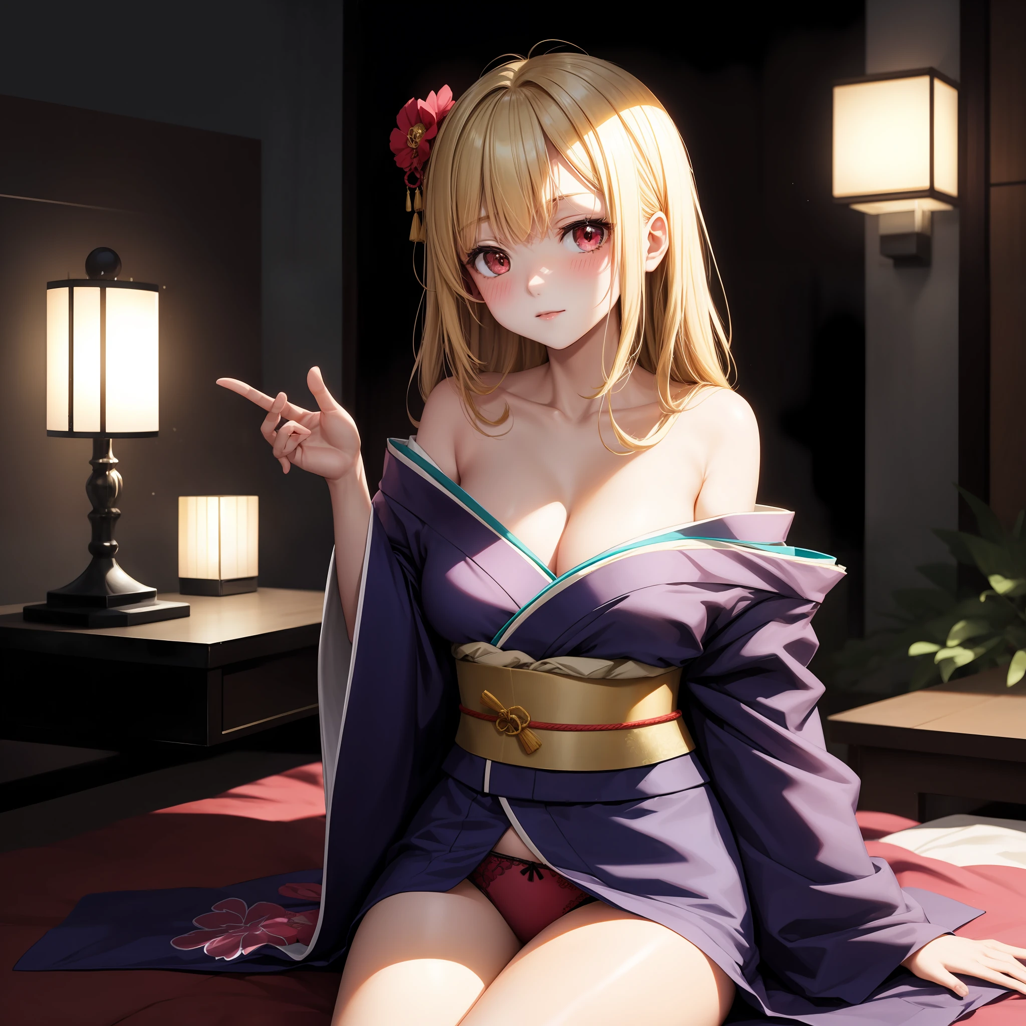 anime, girl single, blonde, red eyes, pink kimono, kamimeki, blush, japanese room, sitting, sexy, off-shoulder, underwear