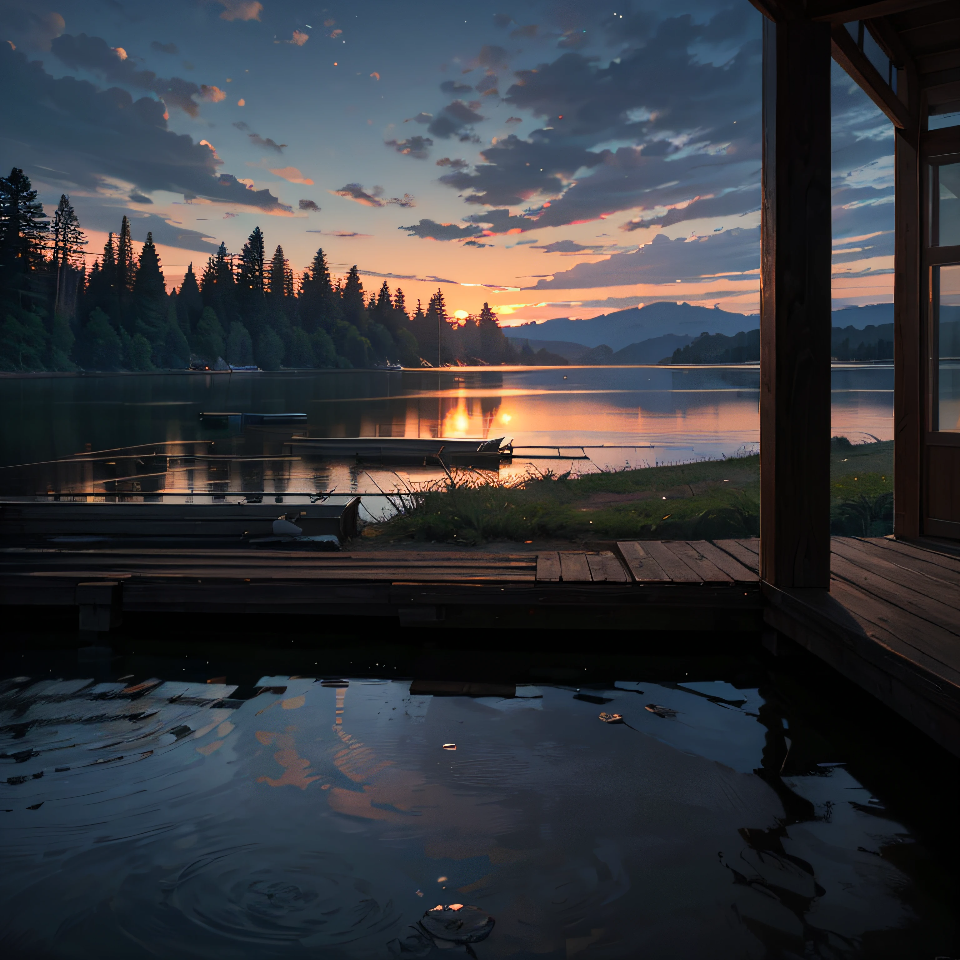 Wallpaper, summer, lake, dawn, forest, clouds, dawn background, depth of field, HD detail, hyperdetail, cinematic, soft light, deep field focus bokeh, ray tracing, diffuse (ultra-fine glass reflection) and realism. --auto --v6