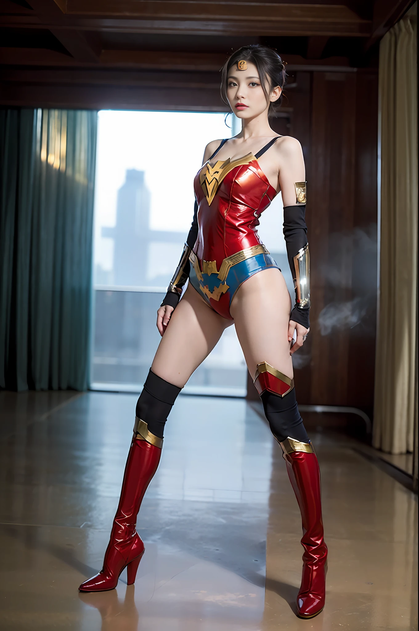 RAW, Masterpiece, Super Fine Photo,, Best Quality, Ultra High Resolution, Photorealistic, Sunlight, Full Body Portrait, Stunningly Beautiful, Dynamic Poses, Delicate Face, Vibrant Eyes, (Side View) , she is wearing a futuristic Iron Lady wonderwoman costume, very detailed background, detailed face, detailed and complex busy background, messy, gorgeous, milky, high detailed skin, realistic skin details, visible pores, sharp focus, Volumetric fog, 8k uhd, dslr, high quality, film grain, fair skin, photorealism, lomography, sprawling metropolis in a futuristic dystopia, view from below, translucent, fullbody:1.6, perfection, close to perfection, humanize,