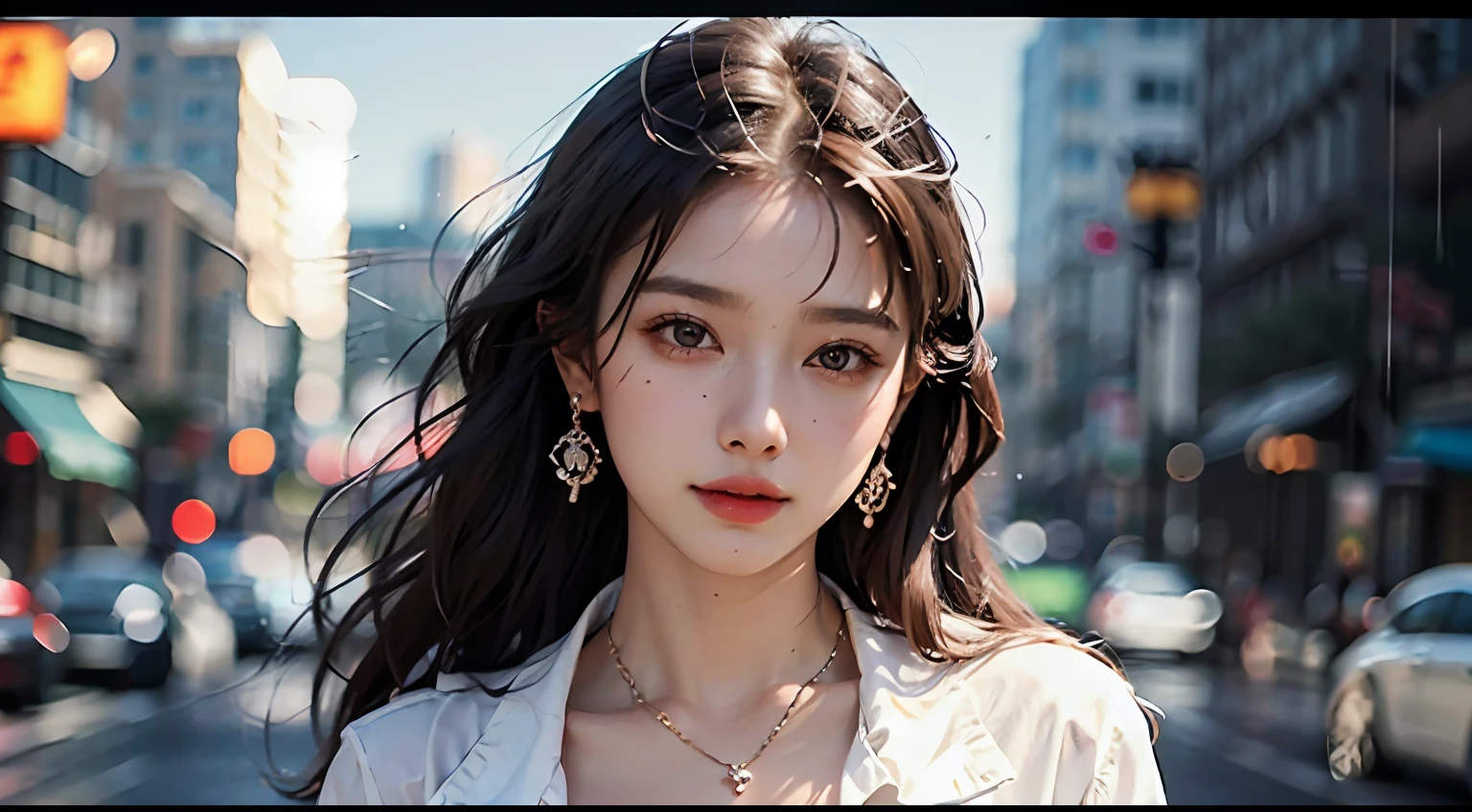 (buttons up to shirt length: 1.2), (white shirt wet in the rain), (shirt unbuttoned: 1.1), big, deep cleavage, top quality, masterpiece, photo-like, pose to take pictures, full body is shown, very delicate and beautiful, very detailed, CG, unity, 8k wallpaper, amazing, fine details, highly detailed CG Unity 8K wallpaper, huge file size, Very detailed, high resolution, handsome detailed woman, highly detailed eyes and face, stunning detailed eyes, face light, (best illustration: 1.1), (best shadow: 1.1), super high resolution, (photorealistic: 1.1), (photorealistic 1.2:1.1), realistic face proportions, slim, smile, (makeup: 0.4), (fluffy black eyes: 1.21), black eyes, Watch Dark Brown Hair, Earrings, Necklace, Hairpin, Cowboy Shot, (Irregular Irregular Skin Imperfections, Veins, Wrinkled Pores: 1.2), (Dark Night Background: 1.2), (Bokeh: 1.4), --s 1000