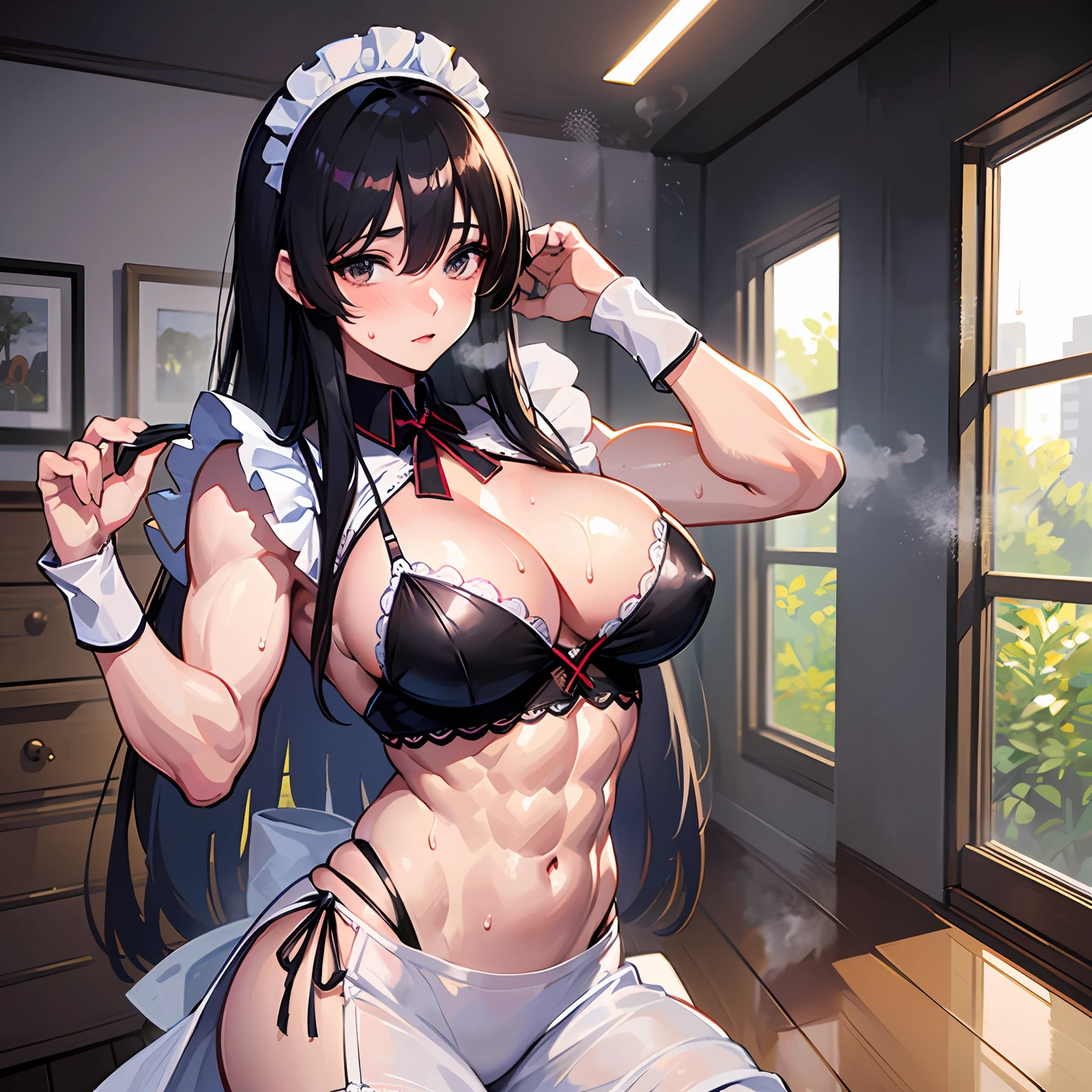 ((Masterpiece)), ((Best Quality)), ((Best Quality)), (Illustration of One Girl), Long Black Hair, Tall, (Muscular Strong Body), (Split Abs), (Muscular and Thick Arms), Body Stuffy with Sweat, Steam Drifting Around the Body, ((Maid Clothes)), Indoor
