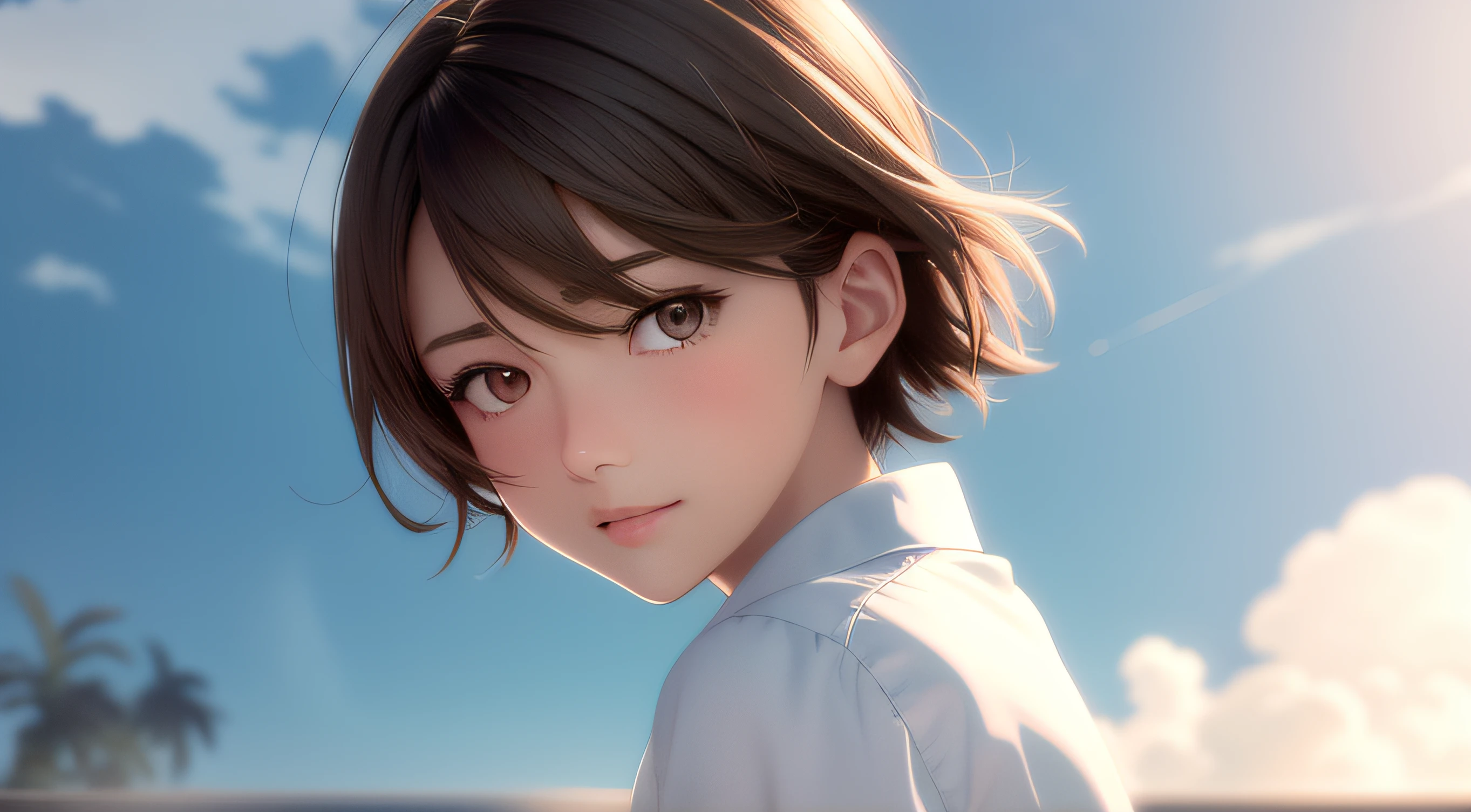 Very detailed and accurate anime style illustration, very cute beautiful female face, brown short hair, perfectly round gray eyes, windy, white shirt, background is pure white world, Makoto Shinkai anime style.