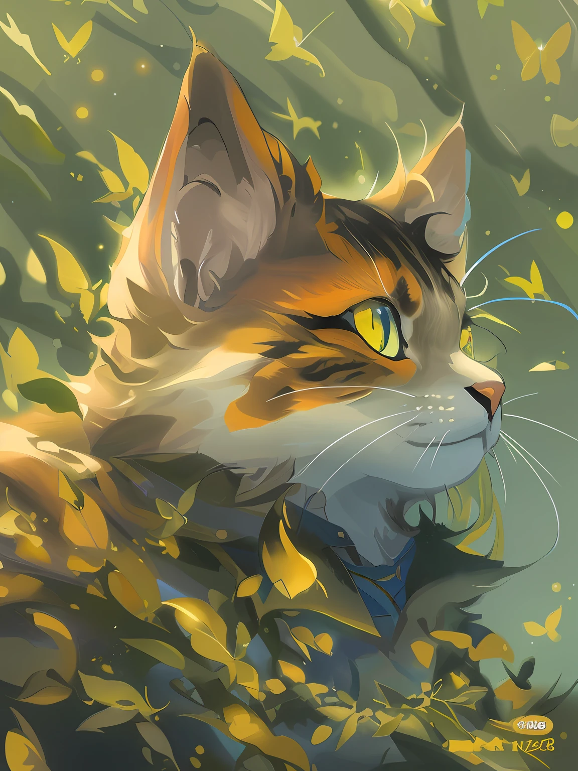 There is a cat sitting in leaves, anime cat, warrior cat fan art, realistic anime cat, cute detailed digital art, anime art wallpaper 4K, anime art wallpaper 4K, beautiful digital artwork, cute digital painting, 4K detailed digital art, 4K highly detailed digital art, very, very beautiful furry art, cute cat anime vision, picture color color rich some.