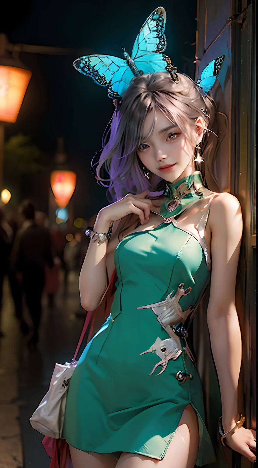 Nudity, chromatic aberration, depth of field, soft lighting, masterpiece, best quality, intricacies, tone mapping, highly detailed, artstation, concept art, smooth, sharp focus, dramatic lighting, highly detailed artwork, film, hyperrealistic painting, trending artstation, 8K, incredible shadows, realism, (Highly detailed background: 1.0), a very detailed portrait of a single girl standing on a street corner, against a thunderstorm and cloudy sky, neon and cyberpunk background, she wears a punk dress with silver chains and silver spikes, hairpins pinned to her wild hair with butterfly wings, wearing headphones and tie, petite and delicate red eyes, well-defined pupils, ominous aura, smile, punk, cyberpunk, backlight