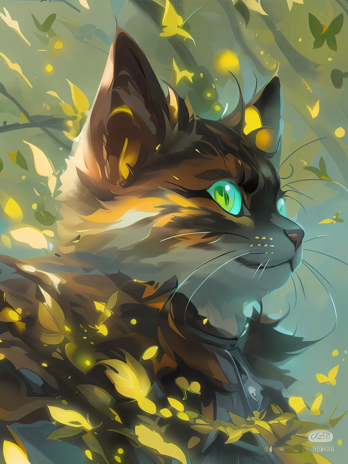 There is a cat sitting in leaves, anime cat, warrior cat fan art, realistic anime cat, cute detailed digital art, anime art wallpaper 4K, anime art wallpaper 4K, beautiful digital artwork, cute digital painting, 4K detailed digital art, 4K highly detailed digital art, very, very beautiful furry art, cute cat anime vision, picture color color rich some.
