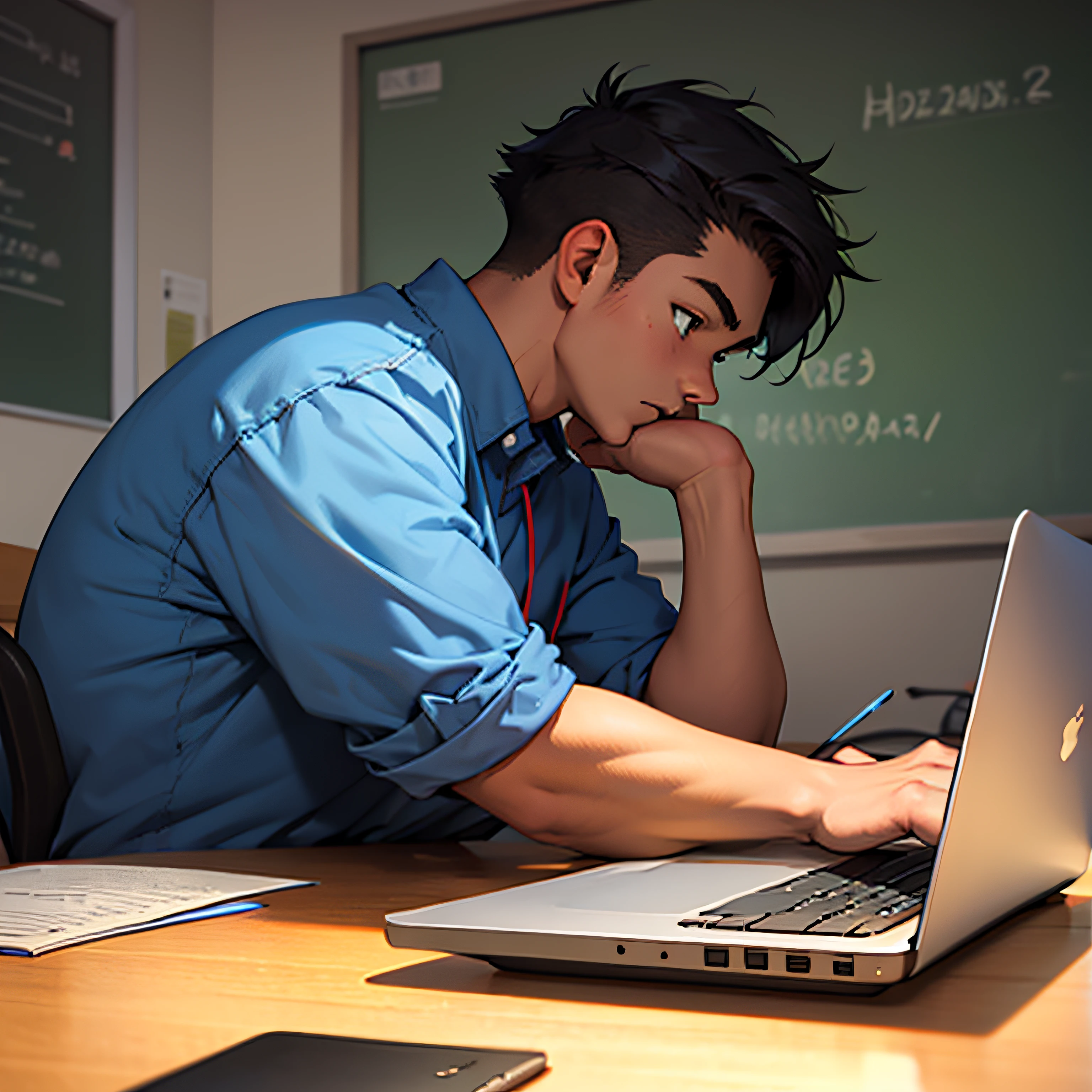a bored american teenager boy using a laptop during a class - cartoon style - from side angle