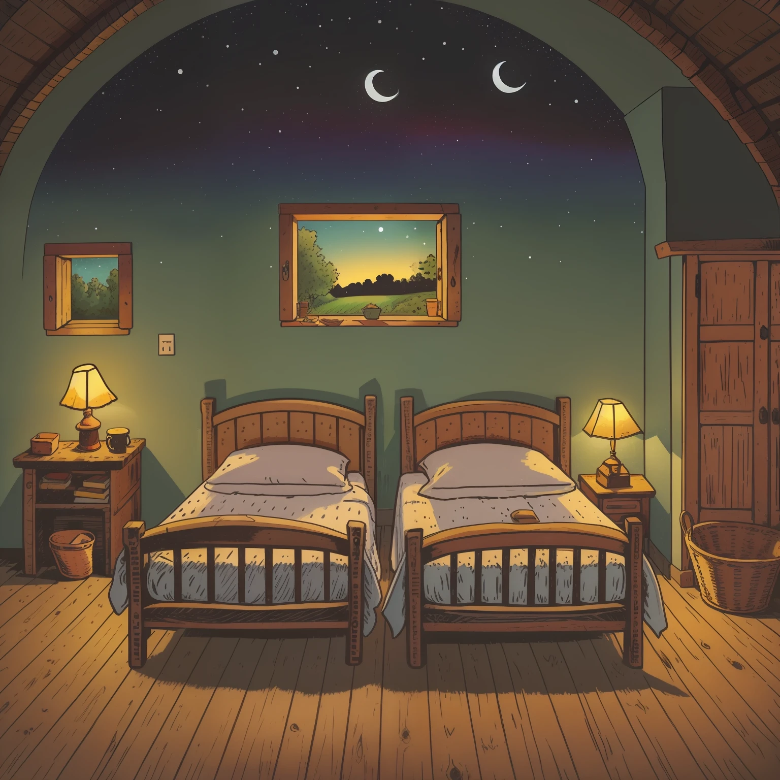 Children's picture book illustration, two rustic beds, inside a rustic inn, 18th century France, night, frontal, impressive composition, dim, wide angle lens, cute, color illustration,