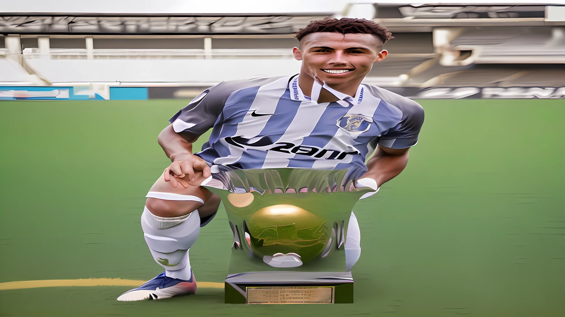 araffe soccer player holding a trophy on a field, mateus 9 5, inspired by Willian Murai, ronaldo fenomeno, gui guimaraes, caio santos, edu souza, icaro carvalho, ronaldo luis nazario da lima, ronaldo luis nazario de lima, inspired by Master of the Bambino Vispo, maximus jacobs