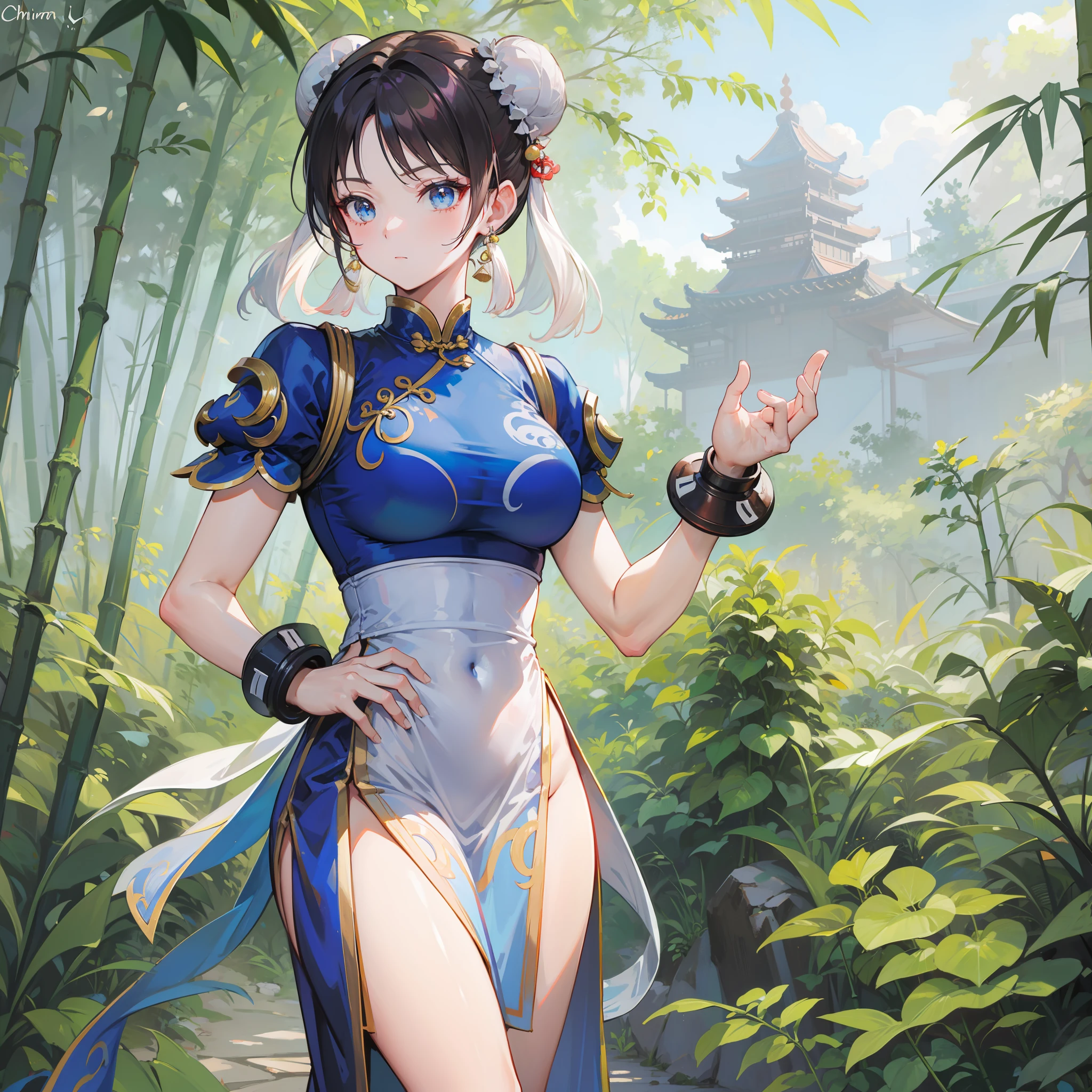 A woman, Chun-li, athletic body, bamboo forest in the background, blue Chinese dress