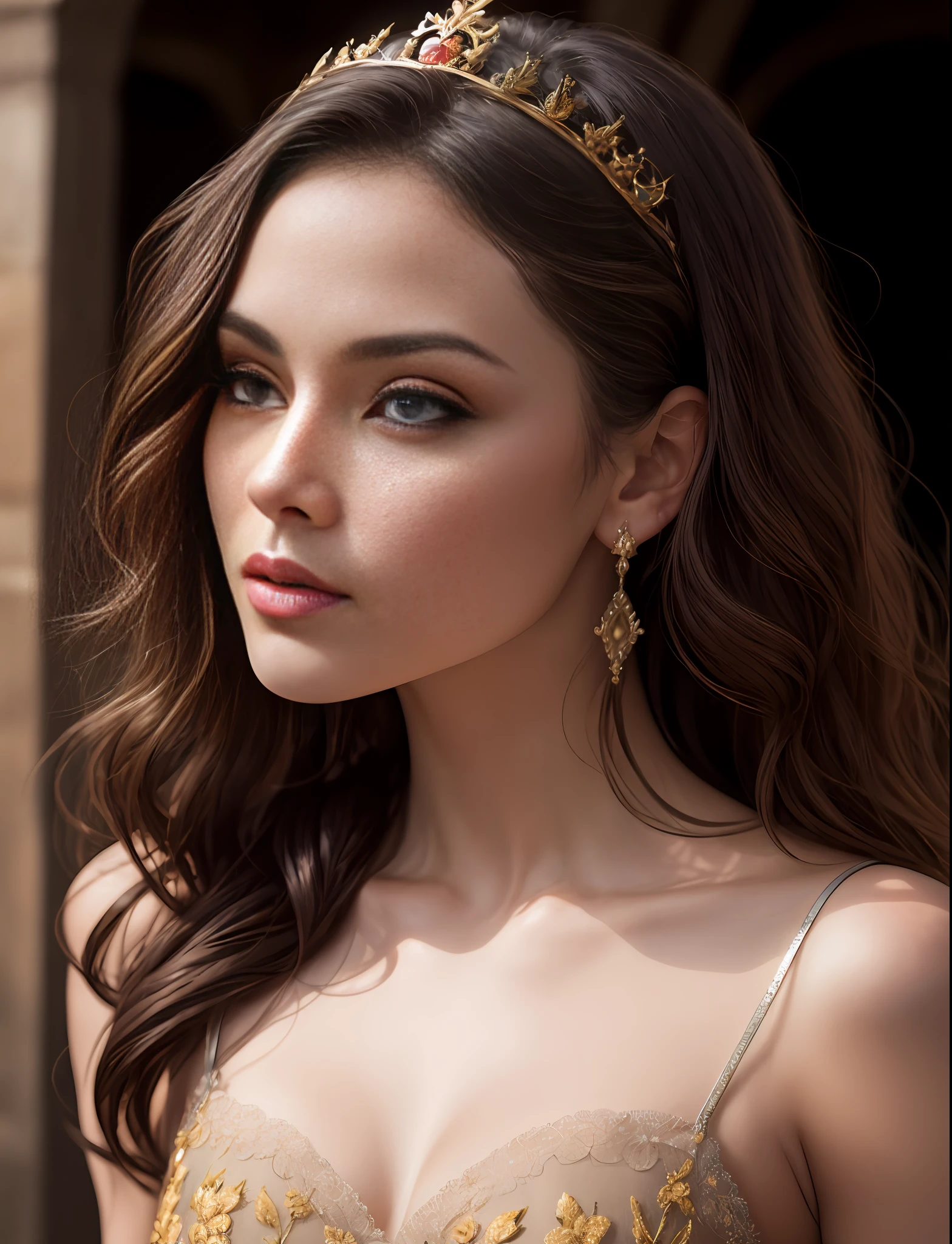 Full face portrait photo of a 25-year-old girl, RAW, beautiful woman, confident look, a small silver crown on the head, semi-open strawberry lips, innocent look, (extra long wavy red hair), ((detailed face)), ((detailed facial features)), (finely detailed skin), pale skin, (deep neckline detailed medieval princess dress), bright kingdom, (cool colors), damp, damp, reflections, (masterpiece) (perfect proportion)(realistic photo)(best quality) (detailed) shot on a Canon EOS 90D, 50mm lens, F/2.8, HDR, (8k) (wallpaper) (cinematic lighting) (dramatic lighting) (sharp focus) (intricate), RAW photo posing for camera, 8k uhd, dslr, high quality, grain film, Fujifilm XT3, film stock photography 4 kodak portra 400 camera f1.6 lens rich colors hyper realistic texture dramatic lighting unrealengine trend in artstation cinestill 800 tungsten, intimidating, extremely detailed, photorealistic, realistic, incredibly absurd, highly detailed, sharp focus, (Professional Studio Lighting), (Professional Color Grading), Edge Lighting, Dramatic lighting, Cinematic lighting, Lumen reflections, Soft natural lighting, Soft color, Photon mapping, ray tracing, Radiosity, (Beautiful eyes), (Eyes detailed), (Detailed face), symmetrical eyes, sharp eyes, (((full body picture))), NSFW, unzoomed