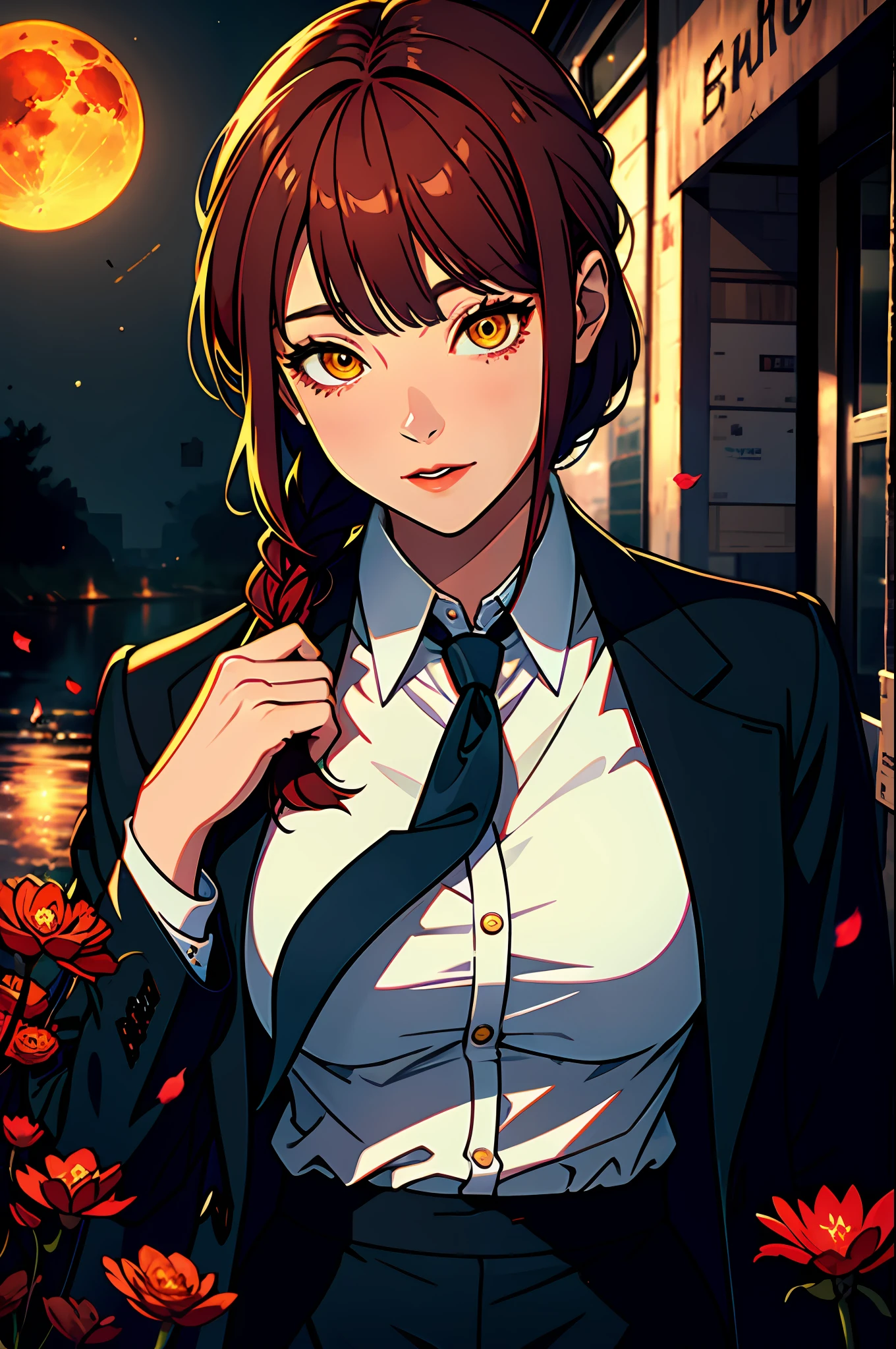 1girl, bangs, black coat, black necktie, black pants, braid, braided ponytail, business suit, chainsaw man, coat, collared shirt, formal, high-waist pants, highres, outdoors, (red petals), blood moon, red river, moonlight, looking at viewer, necktie, office lady, pants, red hair, shirt, shirt tucked in, solo, suit, orange ringed eyes, (((masterpiece),(extremely detailed CG unity 8k wallpaper),best quality,,solo,1girl,cinematic lighting,detailed background,beautiful detailed eyes,bright pupils, (an extremely delicate and beautiful),(Beautiful and detailed eye description)， ultra-detailed,masterpiece,)),