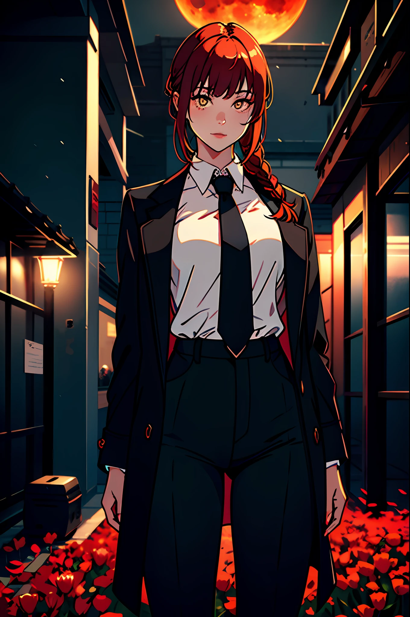 1girl, bangs, black coat, black necktie, black pants, braid, braided ponytail, business suit, chainsaw man, coat, collared shirt, formal, high-waist pants, highres, outdoors, (red petals), blood moon, red river, moonlight, looking at viewer, necktie, office lady, pants, red hair, shirt, shirt tucked in, solo, suit, orange ringed eyes, (((masterpiece),(extremely detailed CG unity 8k wallpaper),best quality,,solo,1girl,cinematic lighting,detailed background,beautiful detailed eyes,bright pupils, (an extremely delicate and beautiful),(Beautiful and detailed eye description), ultra-detailed,masterpiece,)),