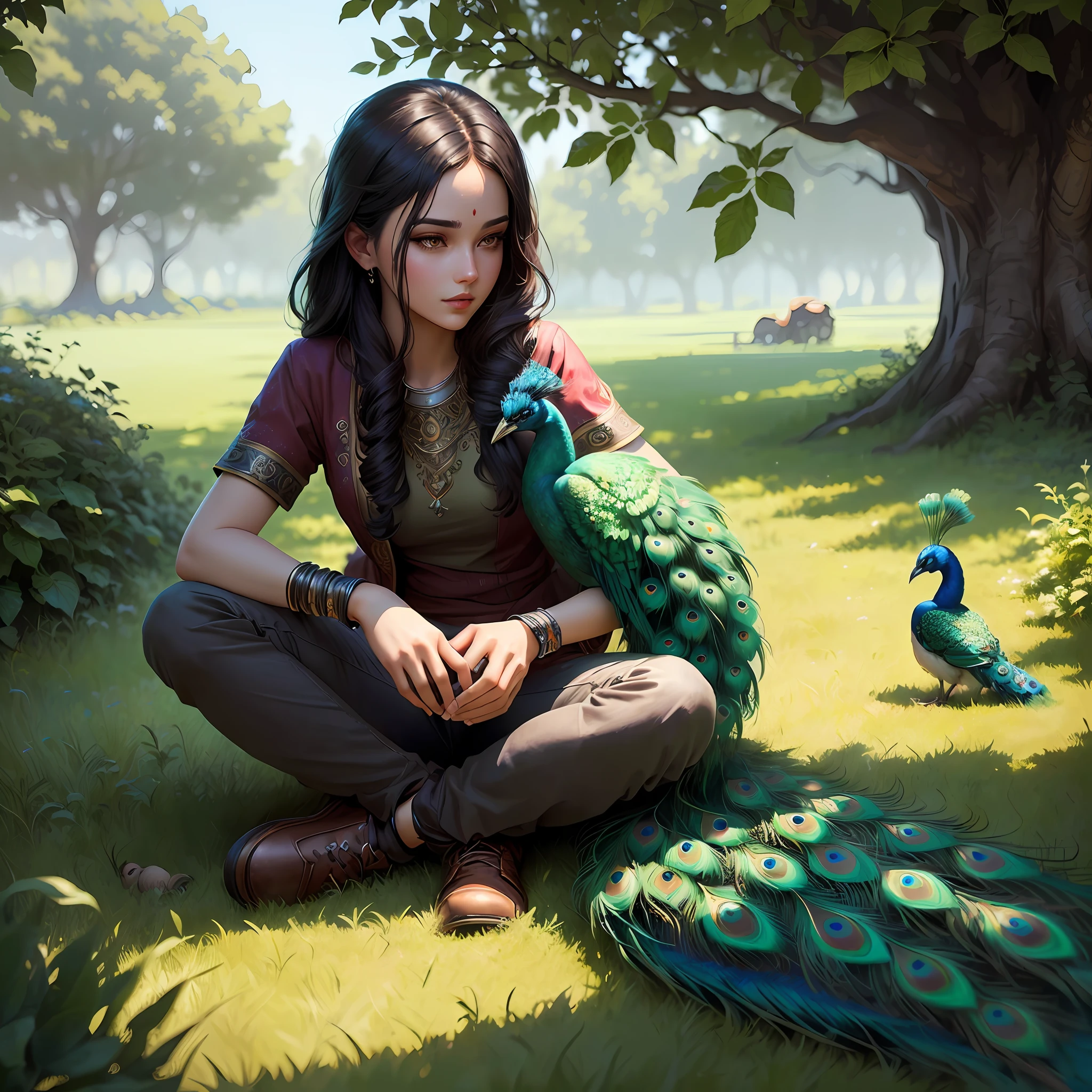 God shiv sitting on the grass with a peacock, realistic fantasy illustration, realistic fantasy render, beautiful digital artwork, artwork in the style of guweiz, fantasy art style, realistic fantasy artwork, fantasy art behance, alena aenami and artgerm, beautiful digital illustration, fantasy illustrations, a beautiful artwork illustration