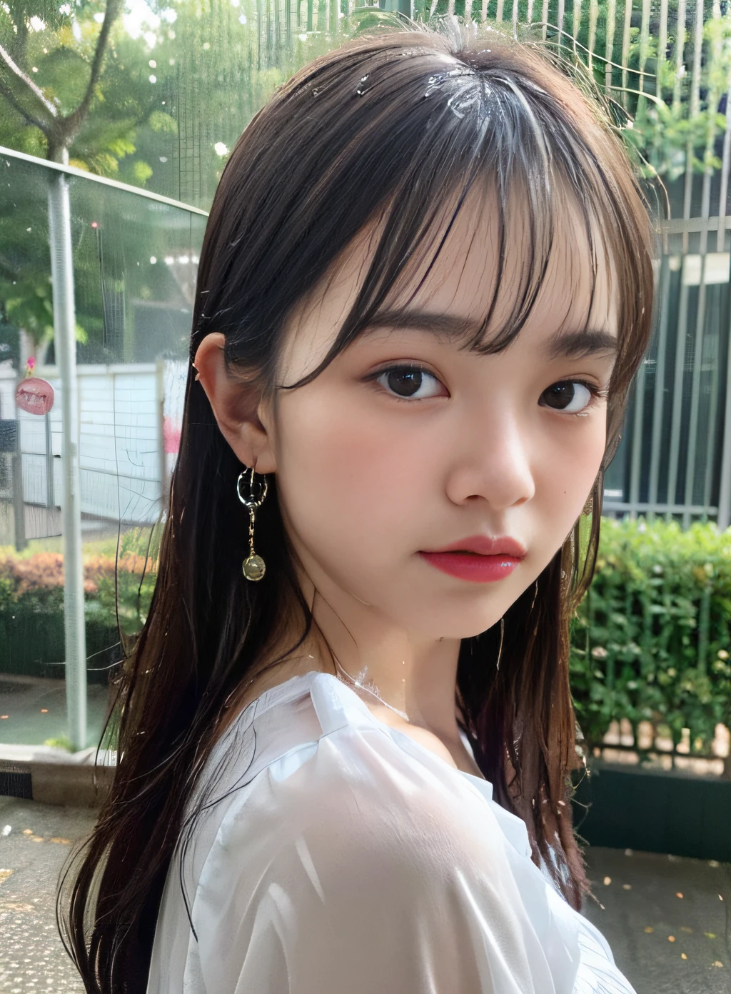 8k, RAW Photo, (Top Quality, Masterpiece, Intricate Detail: 1.4), (Real, Photorealistic: 1.3), (Realistic: 1.3), Photorealistic, Gravure Lighting,
Japanese female student, rainy daytime, schoolyard, heavy rain, (whole body soaking wet: 1.5), white blouse in school uniform, (rainy wet transparent blouse: 1.5), (rainy wet blouse sticking to skin: 1.2) , ribbon, wet uniform skirt, knee-length skirt, beauty like a Japanese idol, , sad expression, light makeup, thin eyebrows,
Fine and beautiful face, fine eyes, (tear bags: 1.5), fine fingers, fine legs, fine skin, (wet hair: 1.8), (wet bangs: 1.5), (wet skin: 1.8) ), medium breasts, (nipple protrusions), shiny hair, shiny skin, (wet and drippy hair: 1.5) , (wet and drippy skin: 1.5)