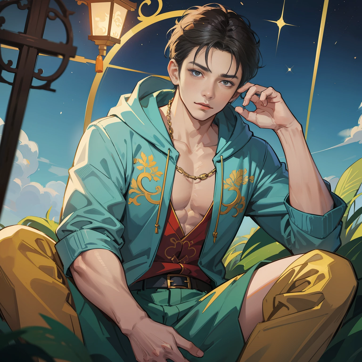 muscular boy, masculine face, wild, masculine, valiant, handsome, rugged, hoodie, modern chinese traditional costume, fusion of ancient Chinese and modern, king of rappers, pectoral muscles, abs, cool atmosphere, sitting, solid posture, fashionista, stylish, colorful, individual, luxurious, Cantonese, singing, dancing, sky with stars shining like dreams, Book of quiet night, starry sky blooming brightly, whispering dream and confusion border, Cantonese pride, blue sky blue clothes, light blue