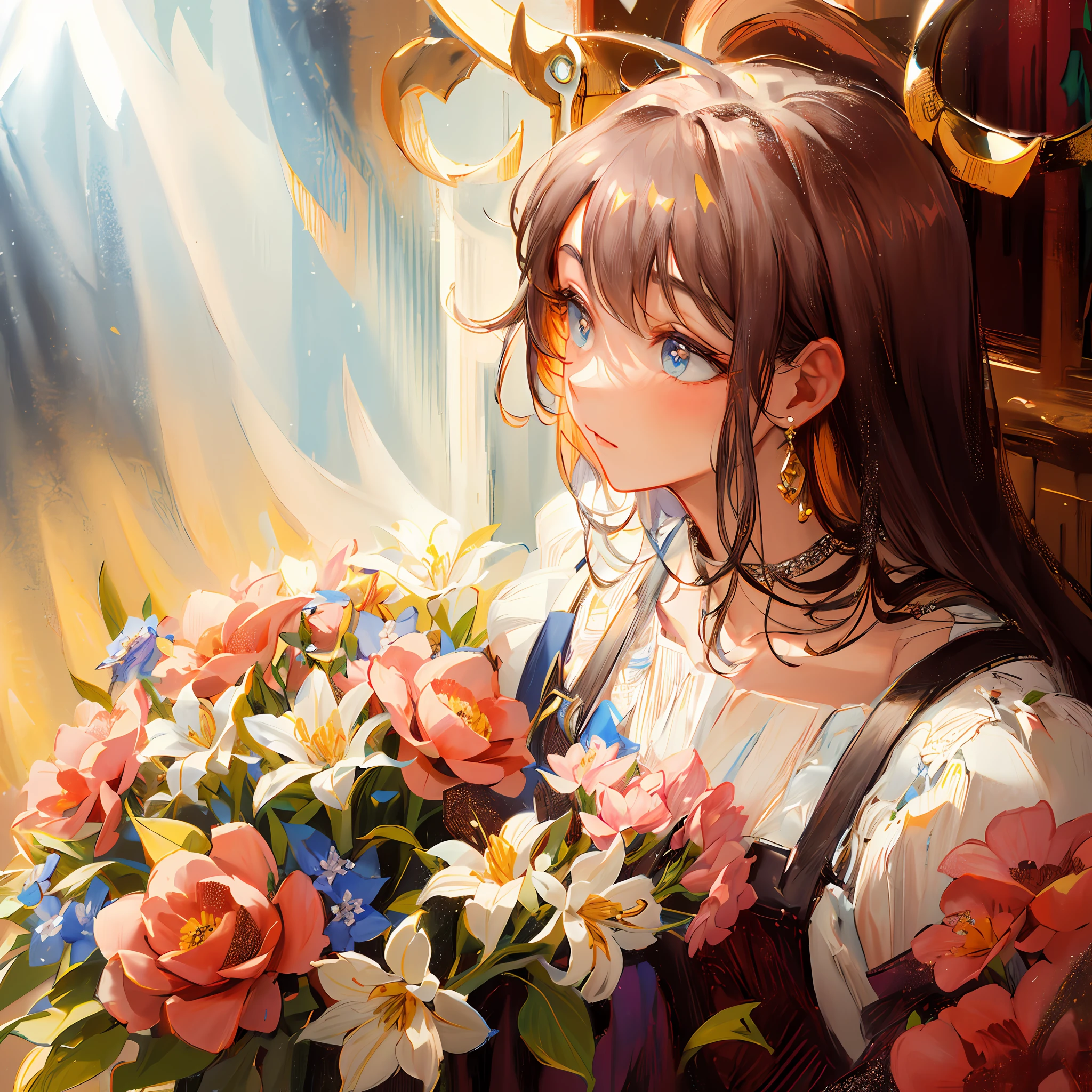 Fine brush, beautiful. Detailed drawings. High image quality,ultra detailed, detailed Colored pencils, soft and fantastic, pastel, William Turner,An armful of flowers for you.A woman bathed in radiant light