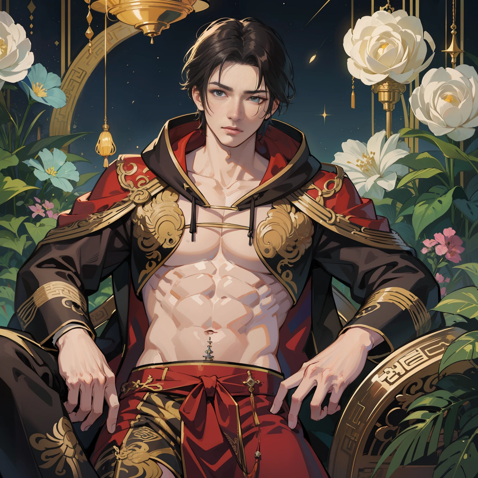 muscular boy, masculine face, wild, masculine, valiant, handsome, rugged, hoodie, modern chinese traditional costume, fusion of ancient Chinese and modern, king of rappers, pectoral muscles, abs, cool atmosphere, sitting, solid posture, fashionista, stylish, colorful, individual, luxurious, Cantonese, singing, dancing, sky with stars shining like dreams, Book of quiet nights, starry sky blooming brightly, whispering dreams and the border of confusion, Cantonese pride, vermilion clothes