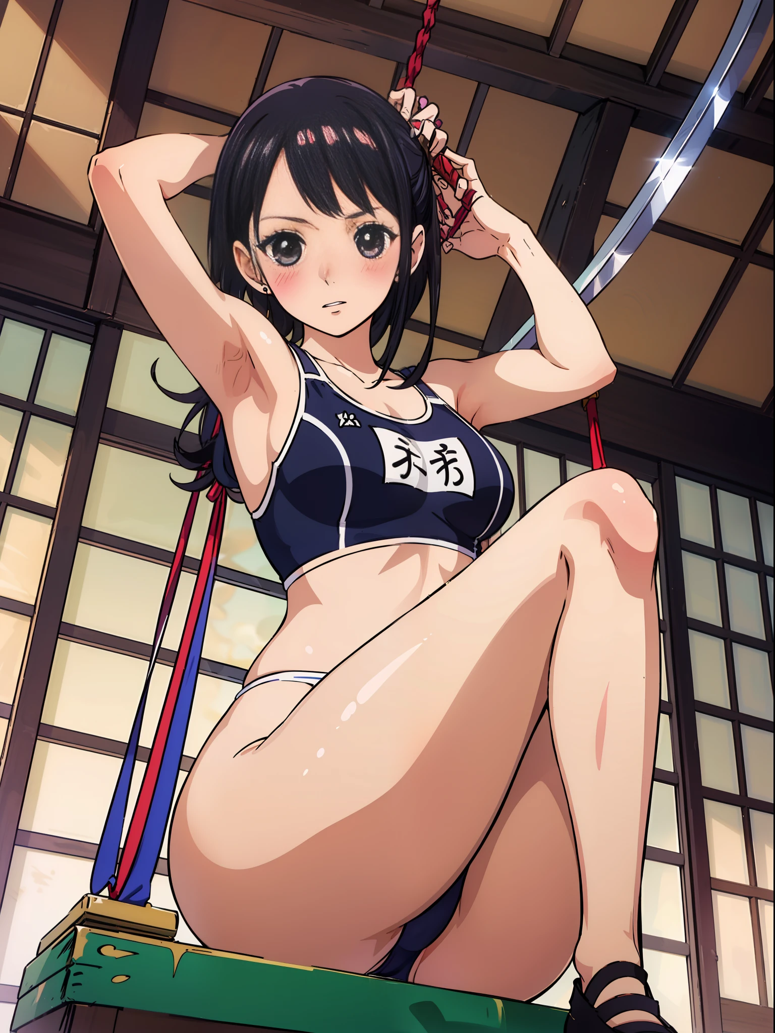 Slender beautiful girl, alone, school swimsuit dress, high resolution, top quality, fine details, do not blush cheeks, knee high, Japan sword, swing down the sword