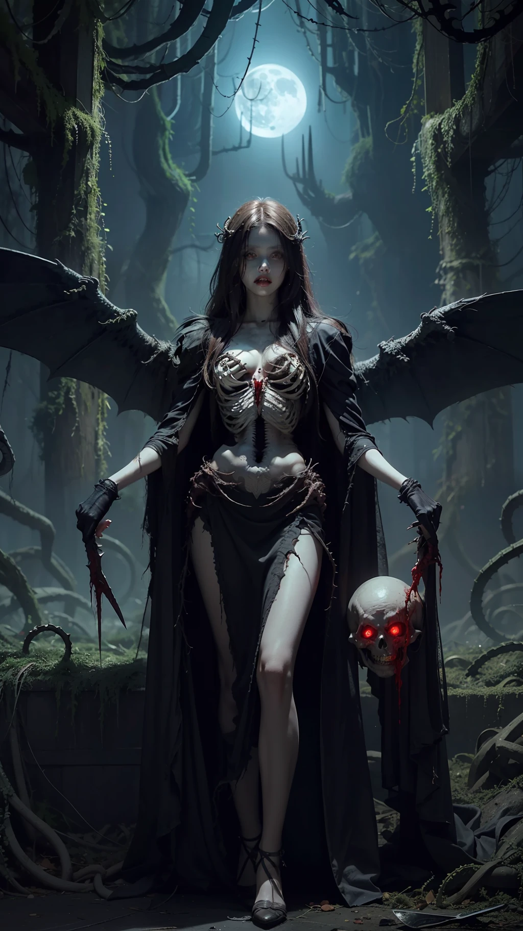 Fine matte painting, skeleton dark angel big wings haunted castle on drawing table full of knives, horror, spookiness, scary, secret horror, tentacles, vines, eyes, uncanny valley effect teeth, limbs, animals, blood moon