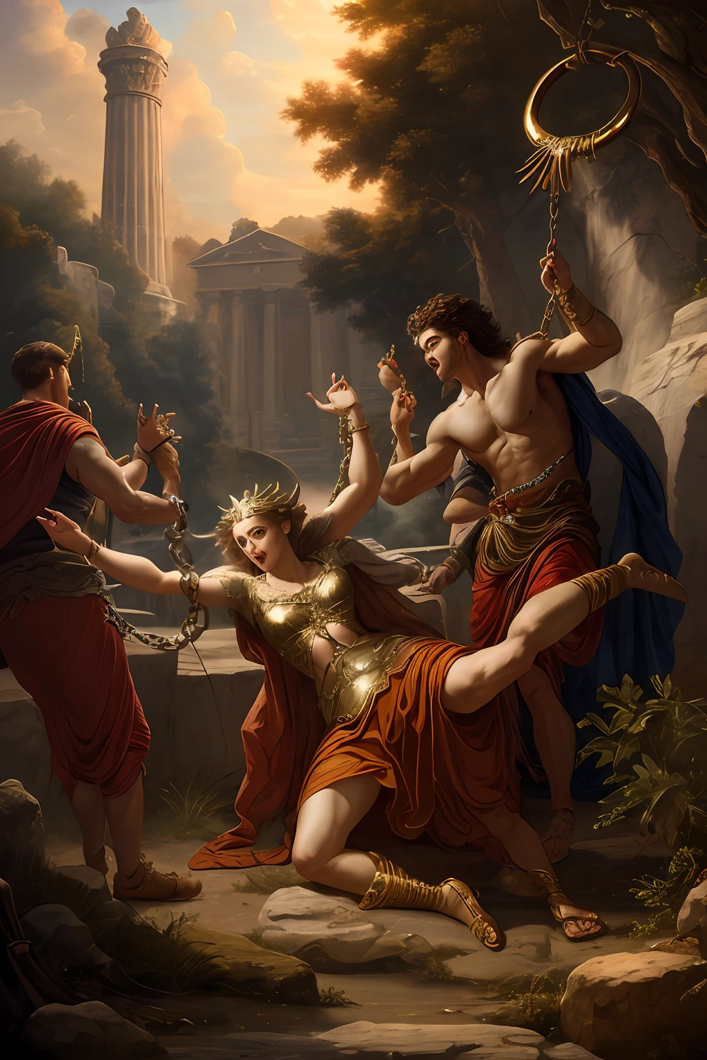 very detailed, 8k, the abduction of Proserpine by Pluto, dramatic, cinematic, greek mythology, gods, prisoner, slave, shocking scene, slave of Hades, kidnapped, chained, imprisoned