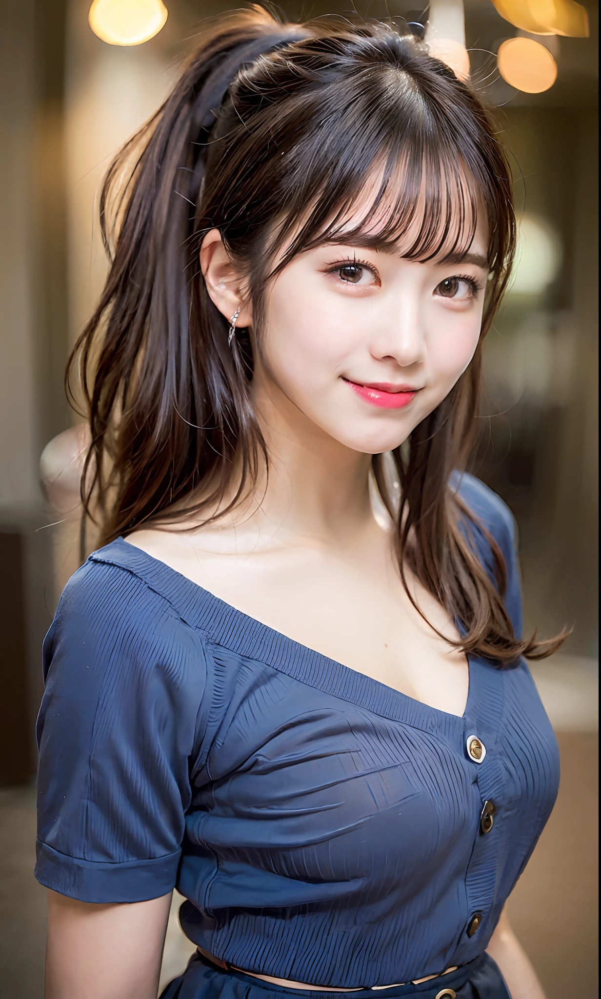ulzzang-6500-v1.1, (Raw photo:1.2), (Photorealistic:1.4), Beautiful detailed girl, Very detailed eyes and face, Beautiful detailed eyes, Ridiculous, Incredibly ridiculous, Huge file size, Ultra detailed, High Definition, Very detailed, Best quality, Masterpiece, Kemomimi, ((Japan Underground Idol Costume)), Illustration, Very detailed, CG, unification, 8k wallpaper, fantastic, fine details, masterpiece, best quality, highly detailed cg uniform 8k wallpaper, light on face, movie lighting, 19 year old girl, ((smile)), ((dynamic pose))), ((big), (dark blue skirt), (slender figure)), dark brown hair color, ponytail hairstyle, transcendent beautiful girl,