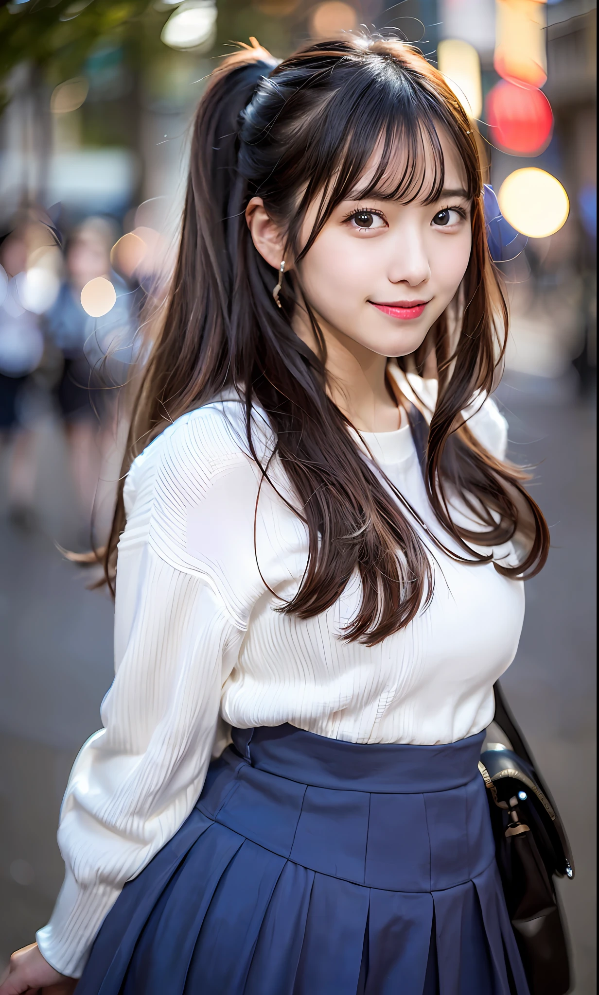 ulzzang-6500-v1.1, (Raw photo:1.2), (Photorealistic:1.4), Beautiful detailed girl, Very detailed eyes and face, Beautiful detailed eyes, Ridiculous, Incredibly ridiculous, Huge file size, Ultra detailed, High Definition, Very detailed, Best quality, Masterpiece, Kemomimi, ((Japan Underground Idol Costume)), Illustration, Very detailed, CG, unification, 8k wallpaper, fantastic, fine details, masterpiece, best quality, highly detailed cg uniform 8k wallpaper, light on face, movie lighting, 19 year old girl, ((smile)), ((dynamic pose))), ((big), (dark blue skirt), (slender figure)), dark brown hair color, ponytail hairstyle, transcendent beautiful girl,