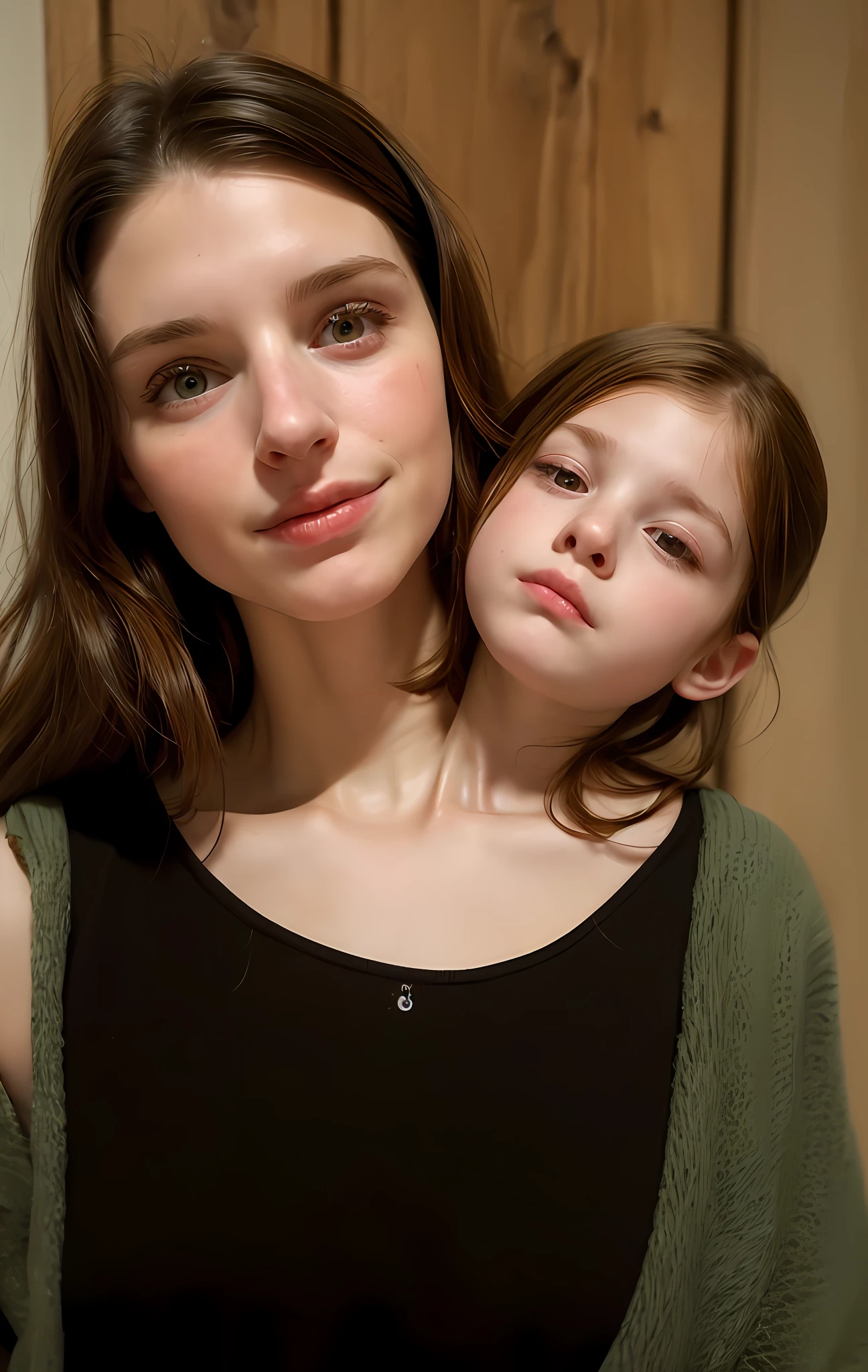 2heads, mom and daughter, (1head:1.5 child), (1head:1.5 young adult) (one torso:1.5), Irish, white girls, age difference, (two heads on one body:1.4), (first head uncomfortable:1.5), (second head unhappy:1.5) conjoined twins, heads side by side, one torso, young, realistic faces, lifelike faces, uncomfortable, barefoot