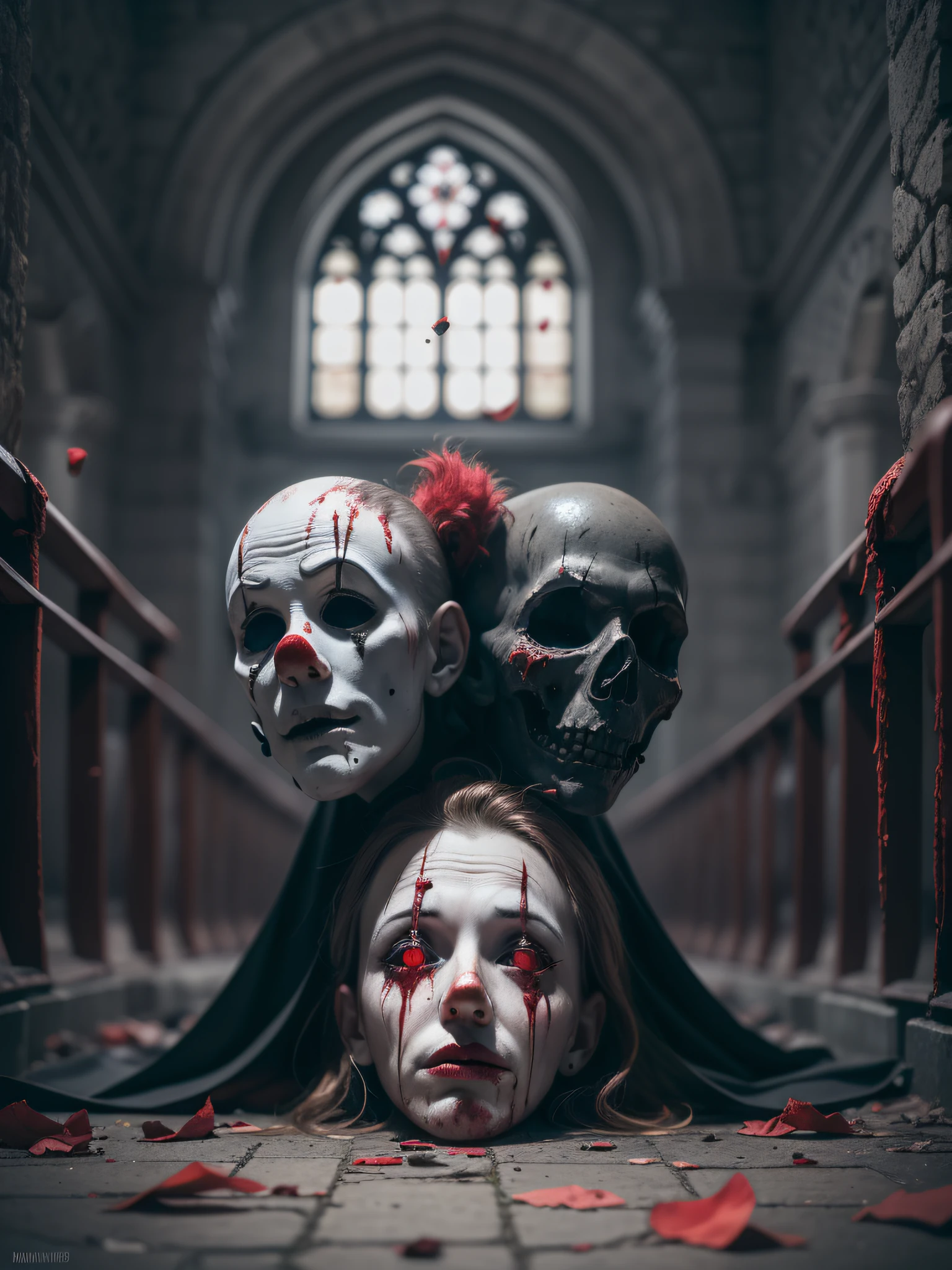 A group of bloody clown heads scattered on the ground, no eyeballs, bleeding, in dark churches, churches, dark black tones, black and white tones, blood red, gloomy, award-winning photos, centered compositions, beams