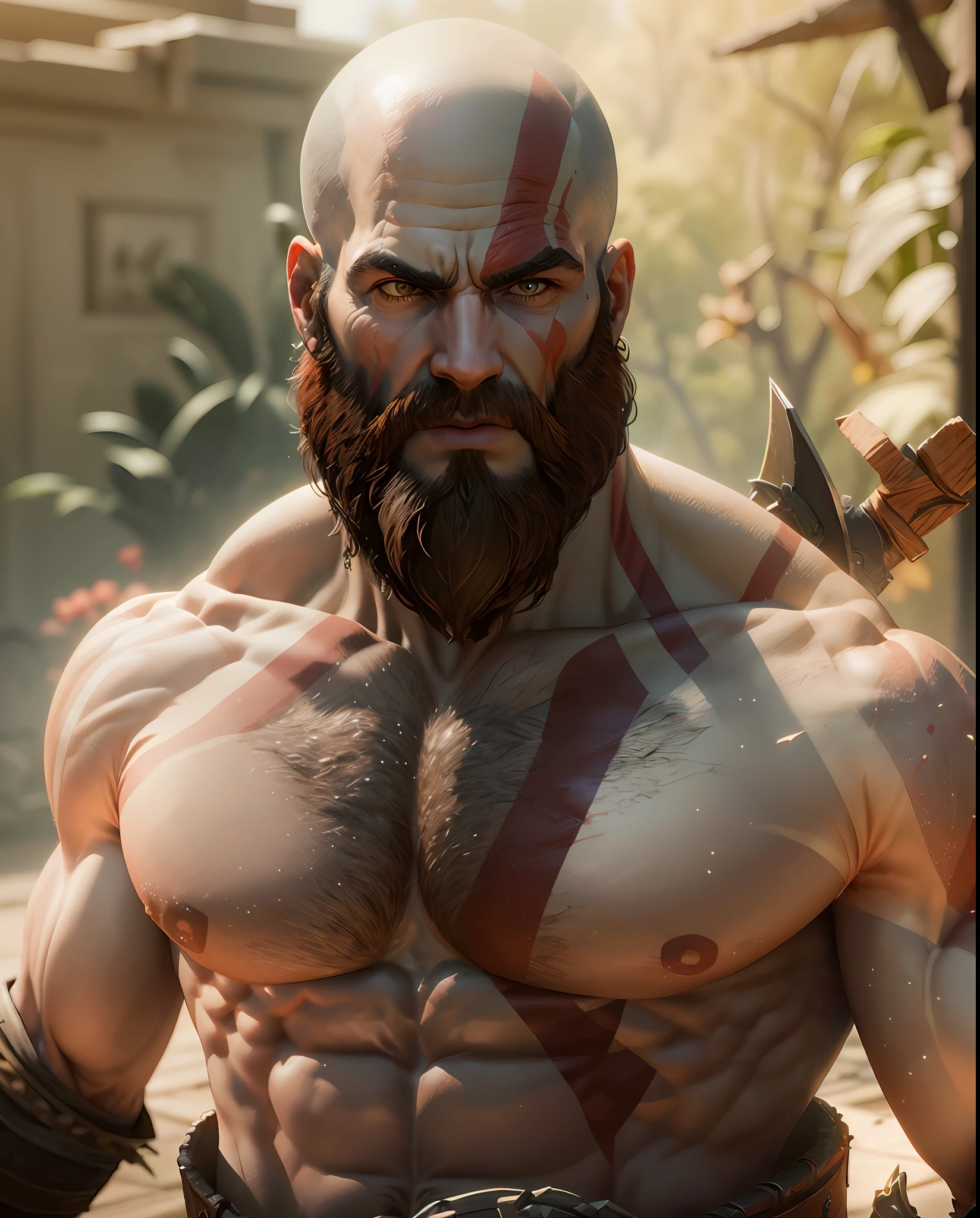 Kratos (God of war), Muscular adult male, bald, bearded, veins throughout the body, muscles, unreal engine 5, 8k.