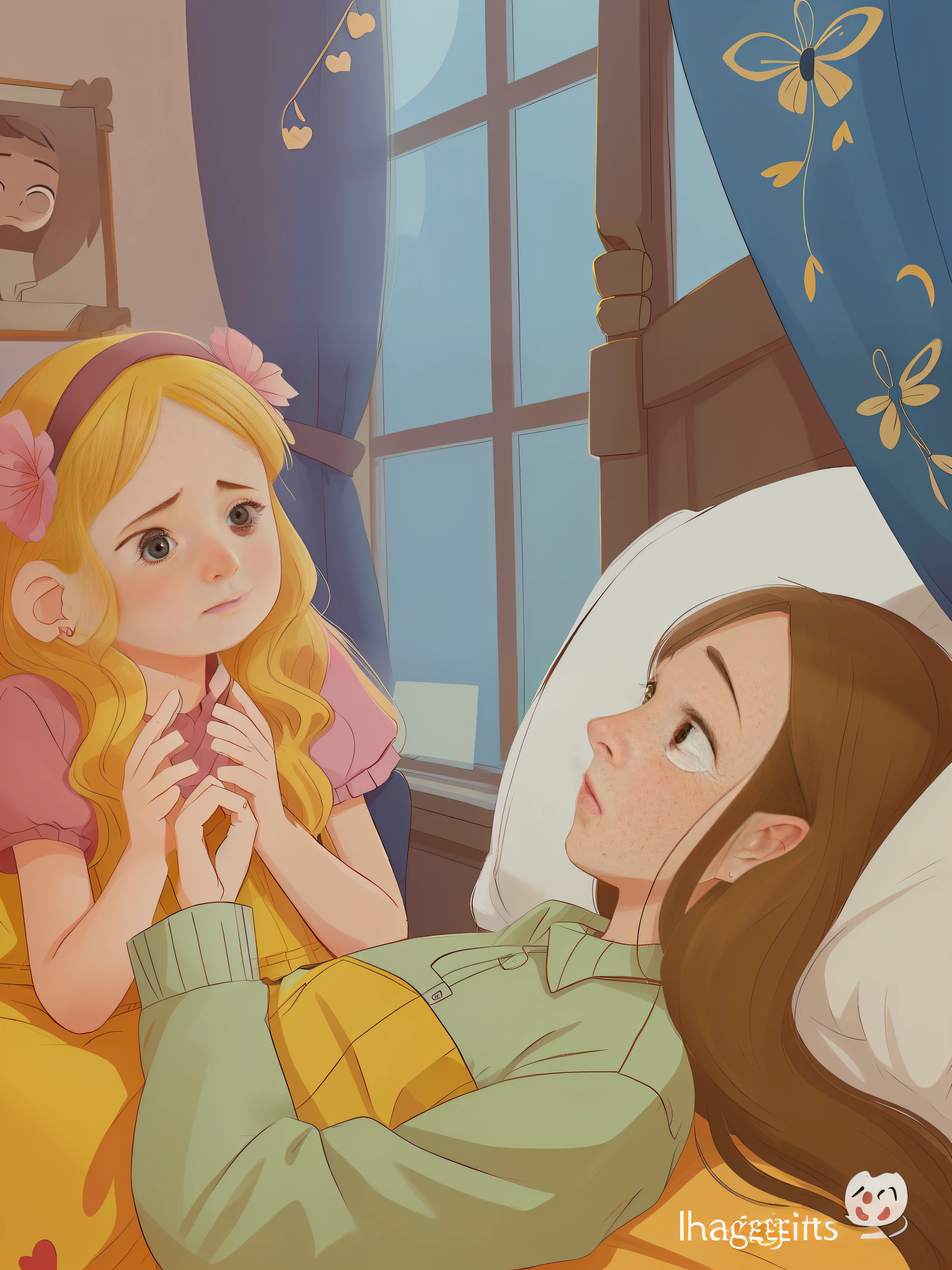 A girl with delicate facial features and five fingers with sad hearts and a woman lying on the bed with haggard facial features