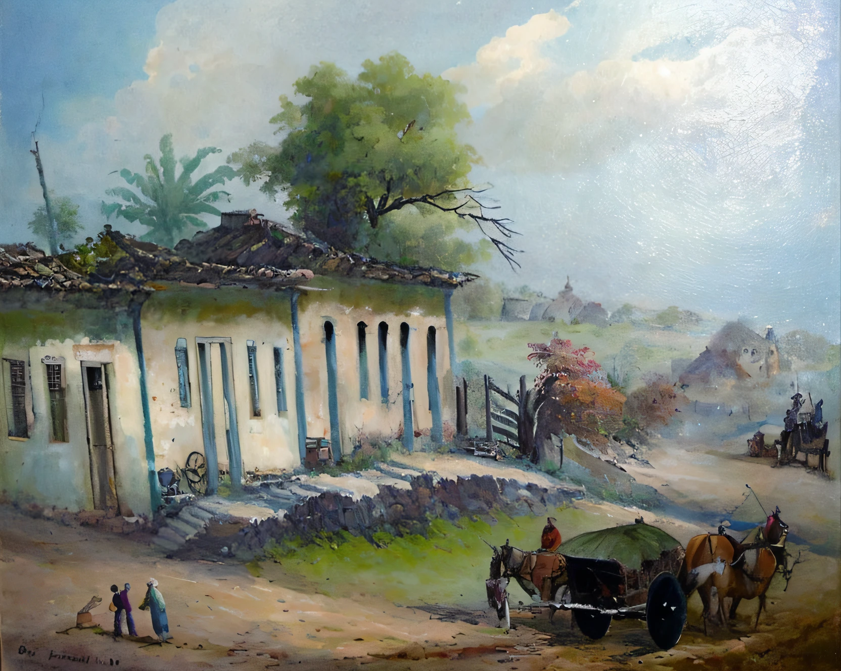 painting of a rural scene with a horse drawn carriage and a house, village, by Benito Quinquela Martín, by Carlos Francisco Chang Marín, street scene, oil on canevas, by Maximilian Cercha, cuban setting, by Hugo Sánchez Bonilla, by Carlos Enríquez Gómez, by Ramón Silva