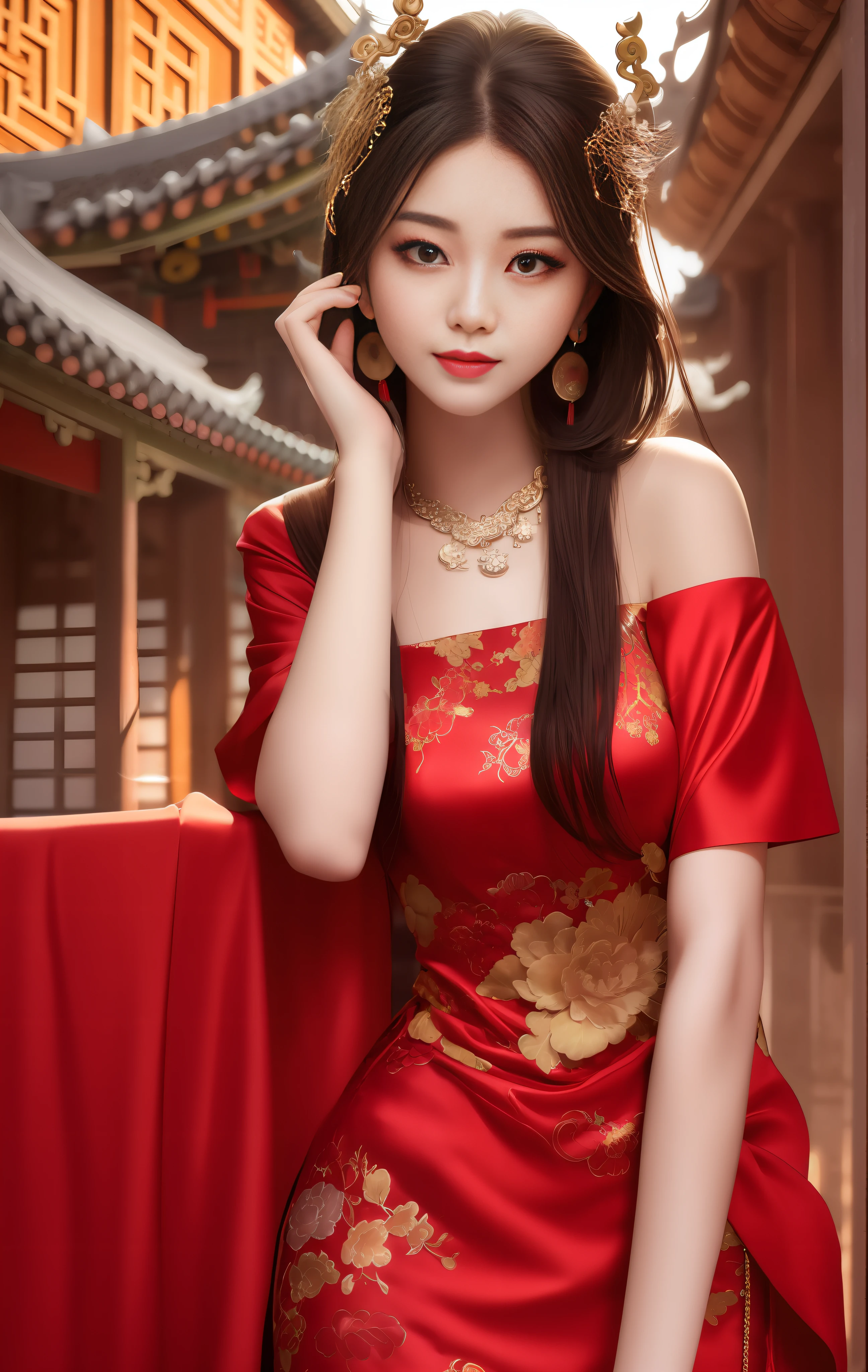 best quality, masterpiece, highres, 1girl,china dress,Beautiful face,
hair ornament, solo,looking at viewer,smile,closed mouth,lips,
dress,hair ornament, necklace, jewelry, long hair, earrings, chinese clothes,
architecture,east asian architecture