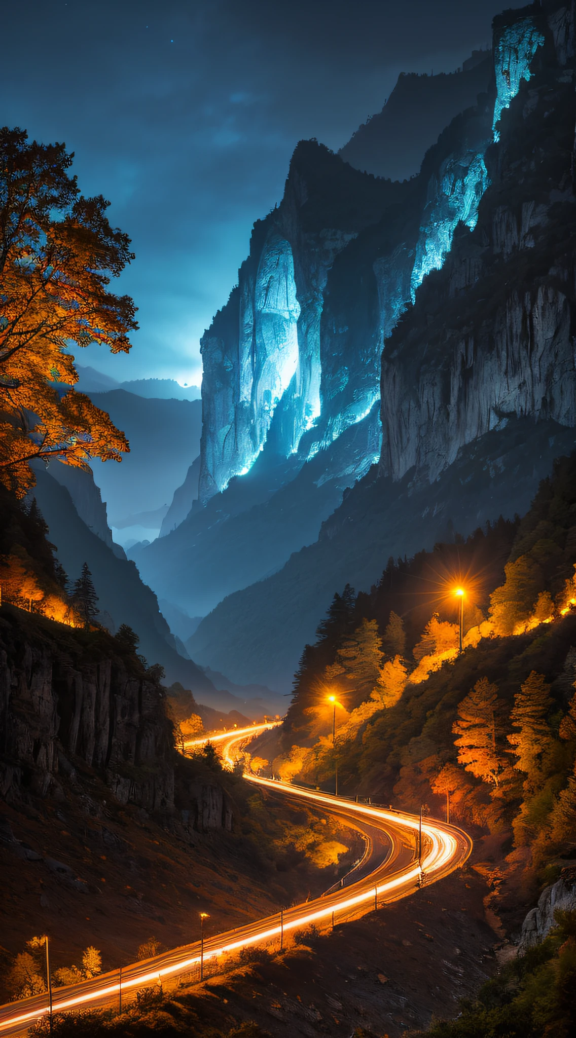 best quality, masterpiece, beautiful wild and natural fantasy landscape with glowing lights