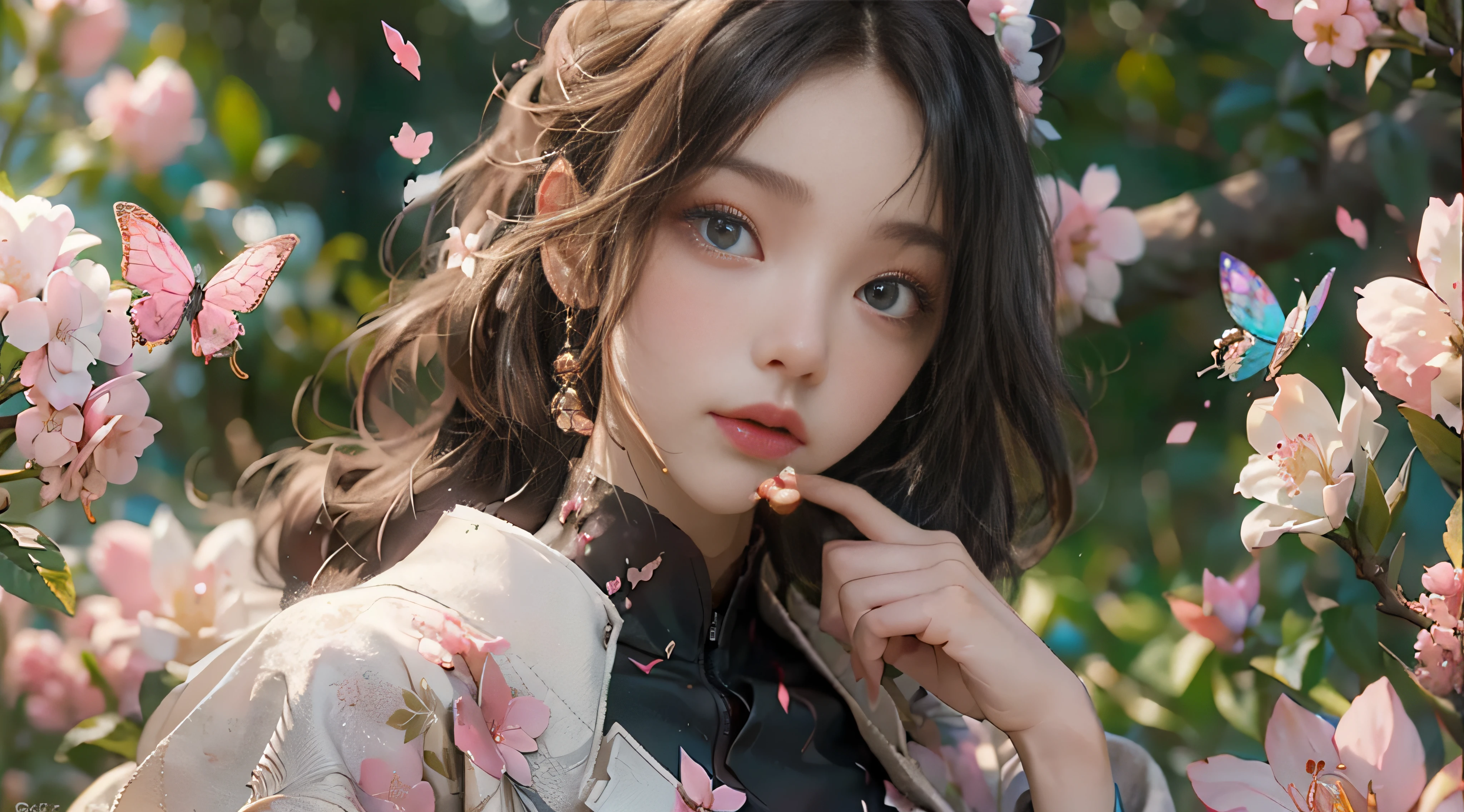 ((Best Quality)), ((Masterpiece)), (Detail: 1.4), 3D, Beautiful Cyberpunk Female Image, HDR (High Dynamic Range), Ray Tracing, NVIDIA RTX, Super Resolution, Unreal 5, Subsurface Scattering, PBR Texture, Post-Processing, Anisotropic Filtering, Depth of Field, Maximum Sharpness and Sharpness, Multi-layer Texture, Albedo and Highlight Mapping, Surface Coloring, Mitsu-Accurate Simulation of Material Interactions, Perfect Proportions, Octane Rendering, Two-color Light, Large Aperture, Low ISO, white balance, regular three-point, 8K RAW, beautiful bright pupils, flowing robe, fine pupils, delicate face and eyes, long eyelashes, blush, fluffy hair, pink lips, pure, cute, sweet girl, cherry blossom petals falling, butterflies, casual wear, high-end sense