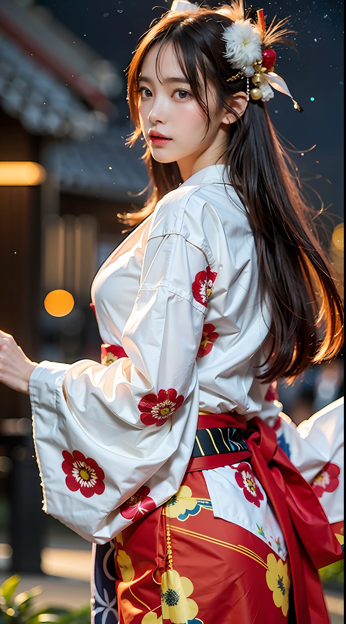 Masterpiece, 1 beautiful girl, detailed eyes, swollen eyes, top quality, super high res, (Reality: 1.4), cinematic lighting, Japanese, Asian beauty, Korean, very beautiful, beautiful skin, slender, body facing forward, (super realistic), (high res), (8K), (very detailed), ( best illustration), (beautifully detailed eyes), (super detailed), (wallpaper), detailed face, bright lighting, professional lighting, looking at viewer, facing straight ahead, Japanese princess, long hair, pureerosfaceace_v1, Orihime in Japanese Tanabata festival, Milky Way, countless stars floating in twinkling sky, night Japanese, galaxy, kimono, kimono, red, white, full body shot, feather hair ornament, accessories, dynamic, flying, fantasy,