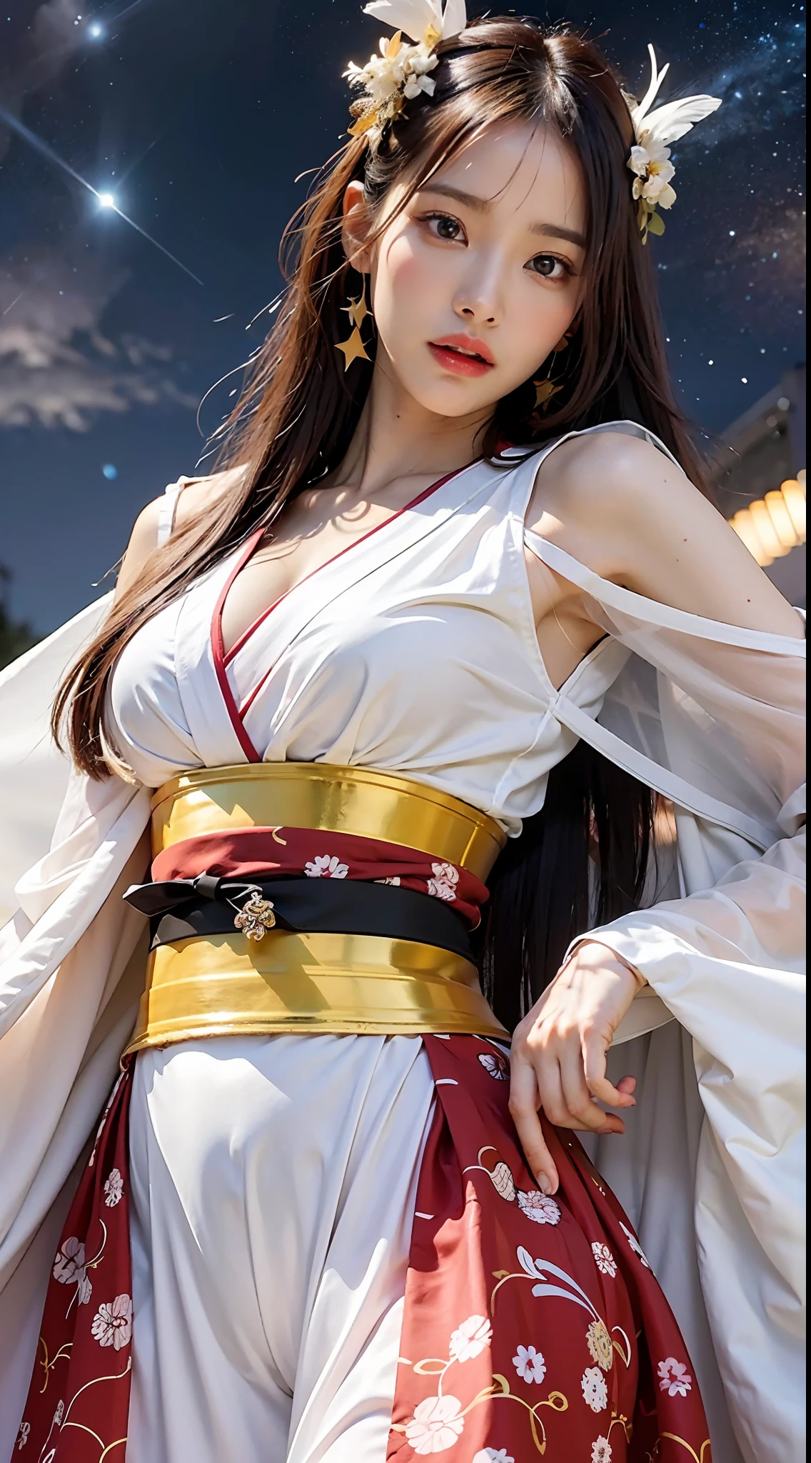 Masterpiece, 1 beautiful girl, detailed eyes, swollen eyes, top quality, super high res, (Reality: 1.4), cinematic lighting, Japanese, Asian beauty, Korean, very beautiful, beautiful skin, slender, body facing forward, (super realistic), (high res), (8K), (very detailed), ( best illustration), (beautifully detailed eyes), (super detailed), (wallpaper), detailed face, bright lighting, professional lighting, looking at viewer, facing straight ahead, Japanese princess, long hair, pureerosfaceace_v1, Orihime in Japanese Tanabata festival, Milky Way, countless stars floating in twinkling sky, night Japanese, galaxy, kimono, kimono, red, white, full body shot, feather hair ornament, accessories, dynamic, flying, fantasy,